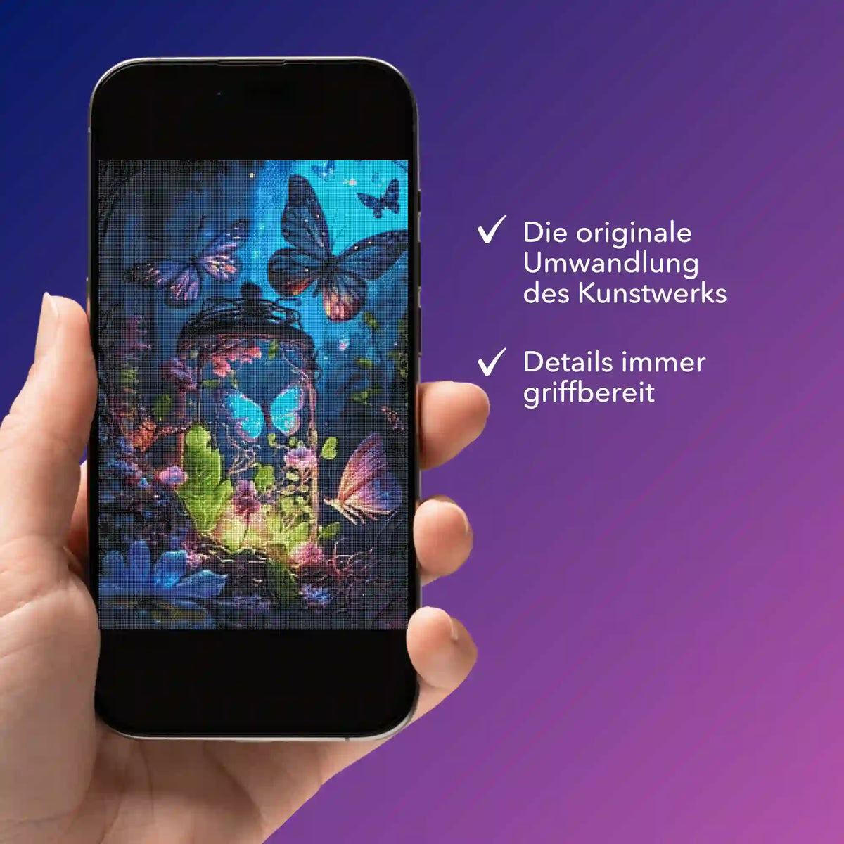 Digitale Diamond Painting Vorlage mit Schmetterlings-Motiv Nacht der Schmetterlinge auf einem Smartphone angezeigt