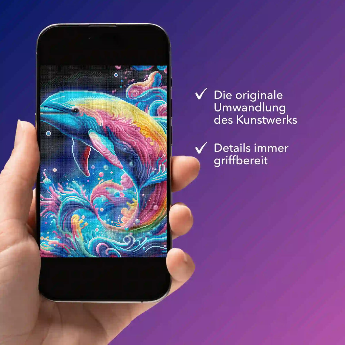Digitale Bildmappe für Diamond Painting Design Delfin im Farbenmeer auf einem Smartphone zur mobilen Projektaufsicht.