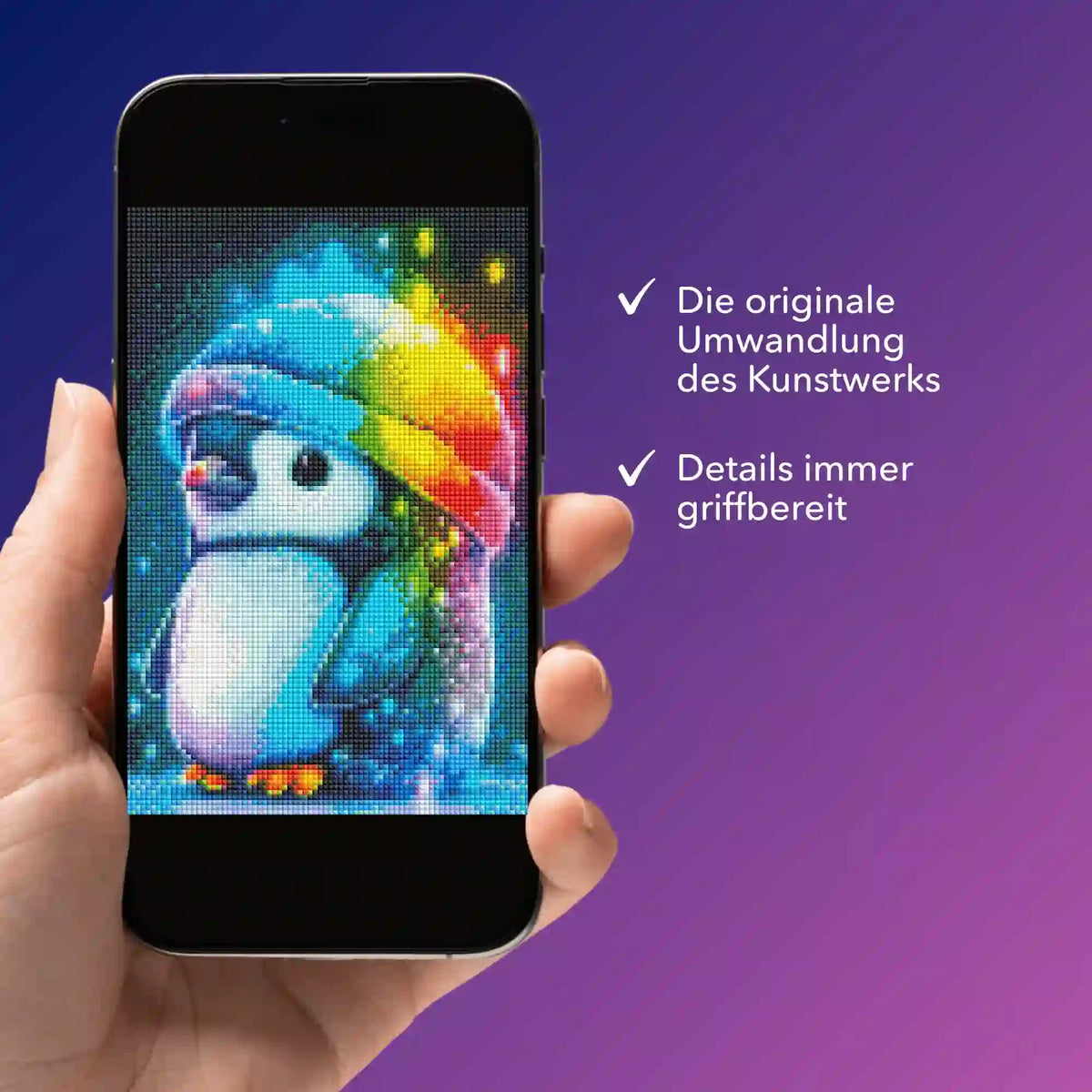 Digitale Diamond Painting Bildmappe für das Pinguin Motiv auf dem Smartphone für kreative Diamond Painting Fans