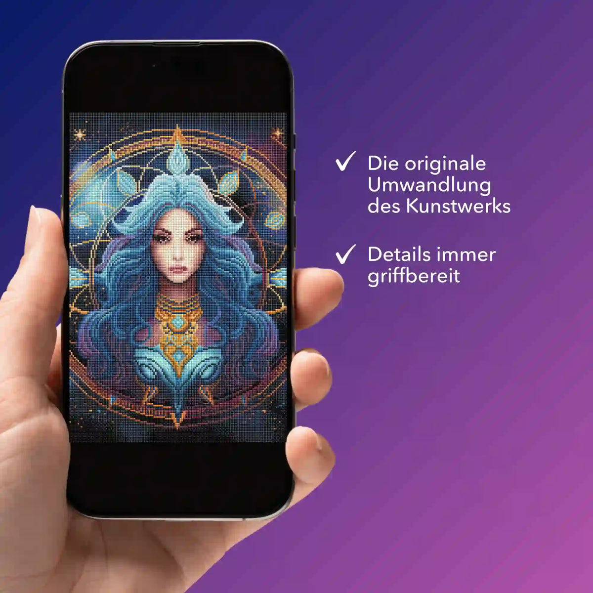 Digitale Diamond Painting Vorlage Sternzeichen Jungfrau als mobile Bildmappe für unterwegs auf einem Smartphone