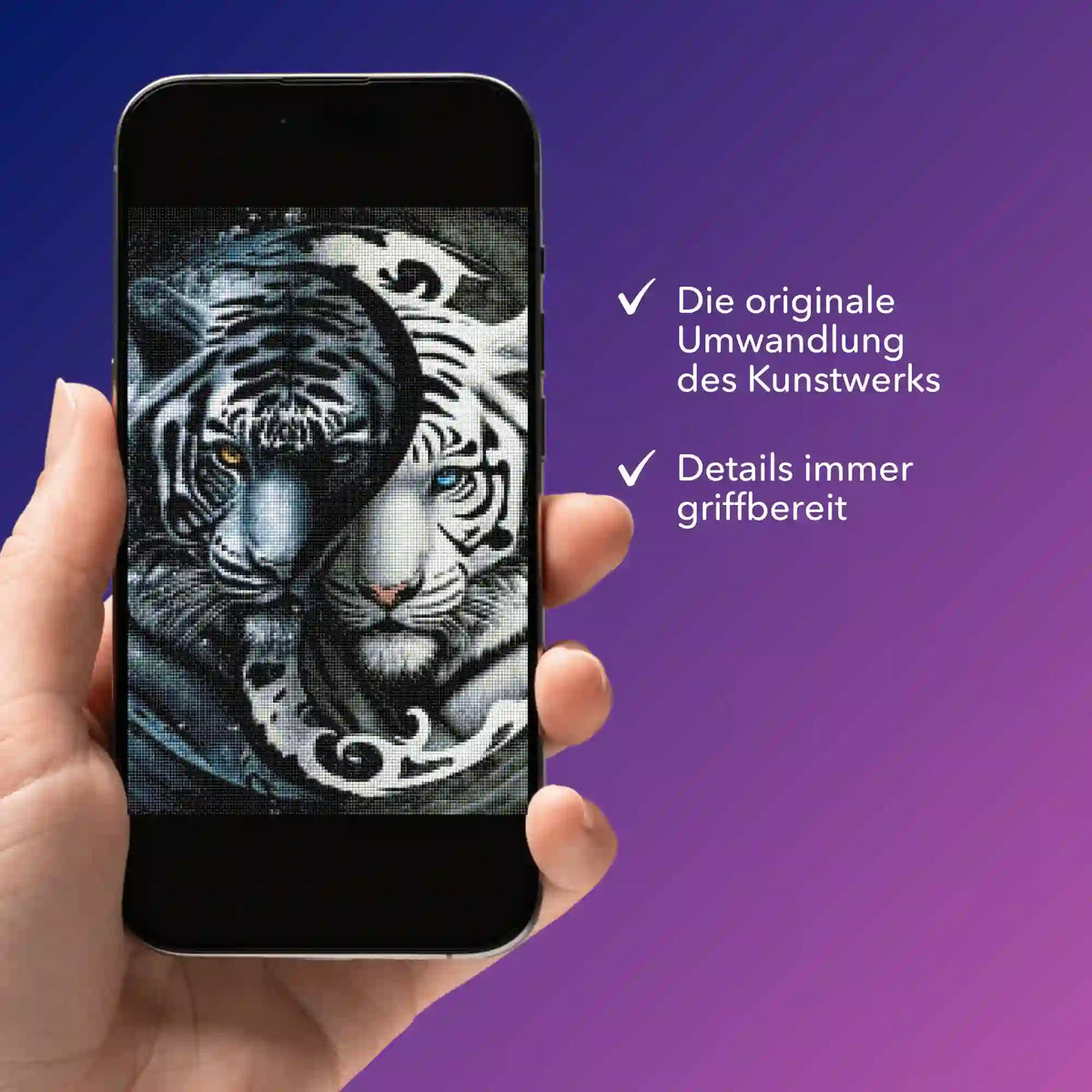 Digitale Diamond Painting Vorlage Tiger Yin und Yang als PDF auf einem Smartphone zur mobilen Ansicht beim Basteln