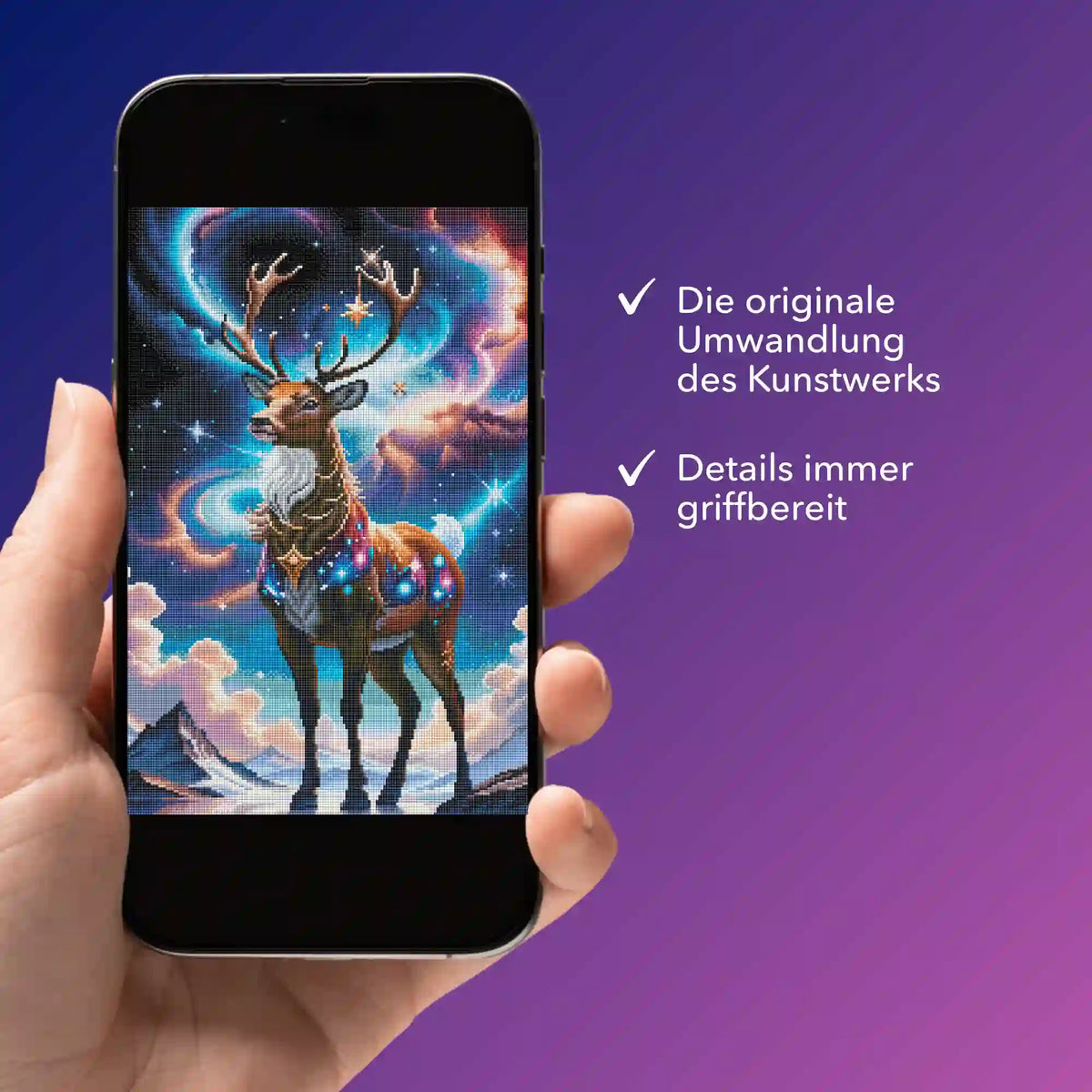 Diamond Painting Rentier im Abendzauber als digitale Bildmappe zur Vorlage für kreative DIY-Bastelsets auf Smartphone
