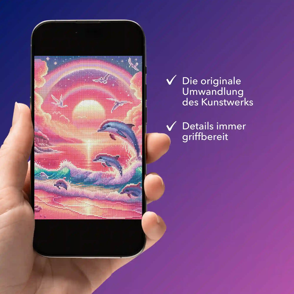 Digitale Bildmappe für Diamond Painting Design Pinkes Meeresrauschen mit Delphinen auf Smartphone-Display