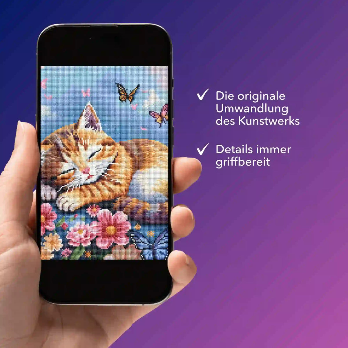Digitale Diamond Painting Bildmappe als PDF auf Smartphone mit schlafender Katze als Vorlage für Diamanten Painting.