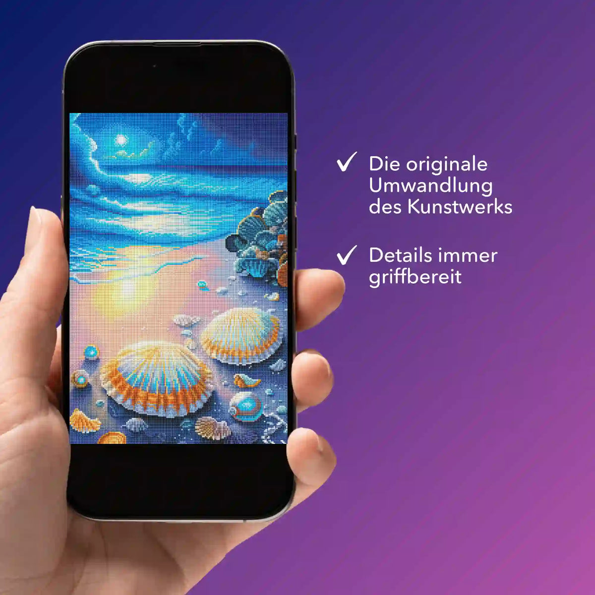 Digitale Diamond Painting Vorlage als PDF für das Motiv Strand im Nachtglanz auf einem Smartphone präsentiert