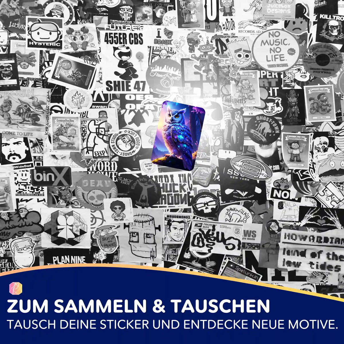 Glänzender Aufkleber der Hüterin der Dämmerung als Eule vor einer Collage aus Schwarz-Weiß-Stickern für Diamond Painting Fans