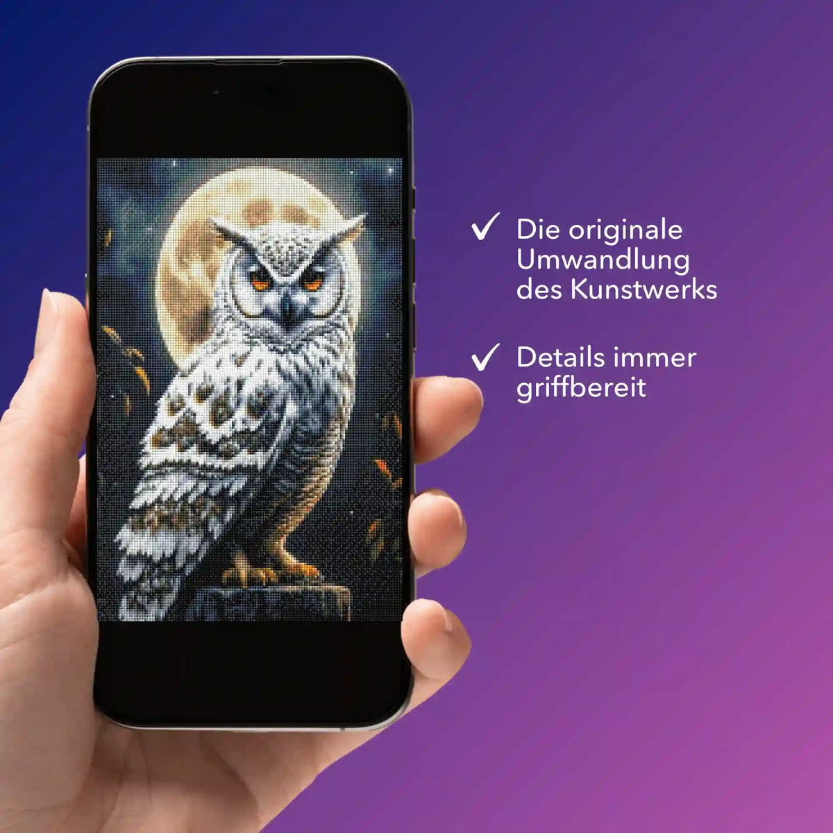 Digitale Diamond Painting Vorlage Eule im Mondschein auf Smartphone für einfaches Diamond Painting Design