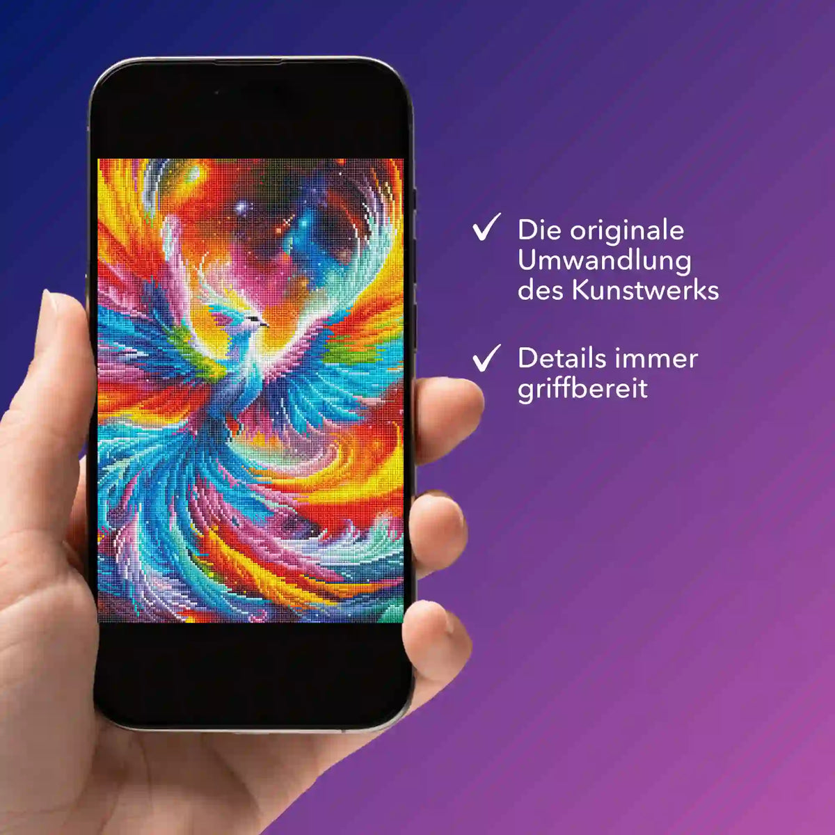 Smartphone zeigt digitale Bildmappe mit buntem Phönix Diamond Painting Motiv für kreative Diamond Painting Projekte