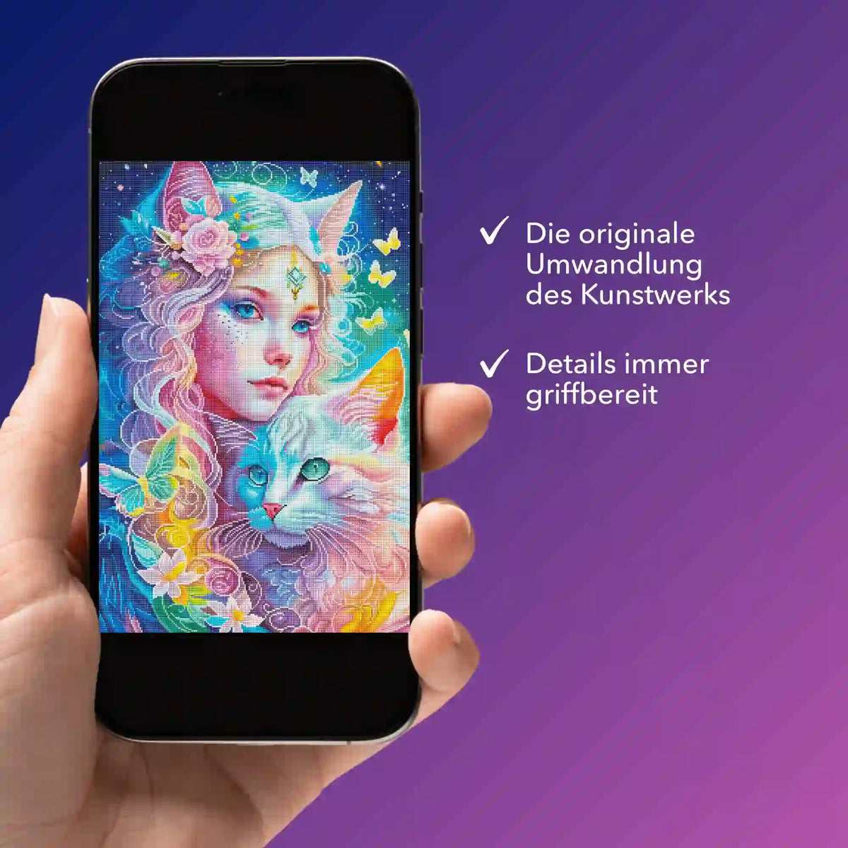 Smartphone mit digitaler Bildmappe für das Katzenelfe Diamond Painting Set als PDF Vorlage für kreative Projekte