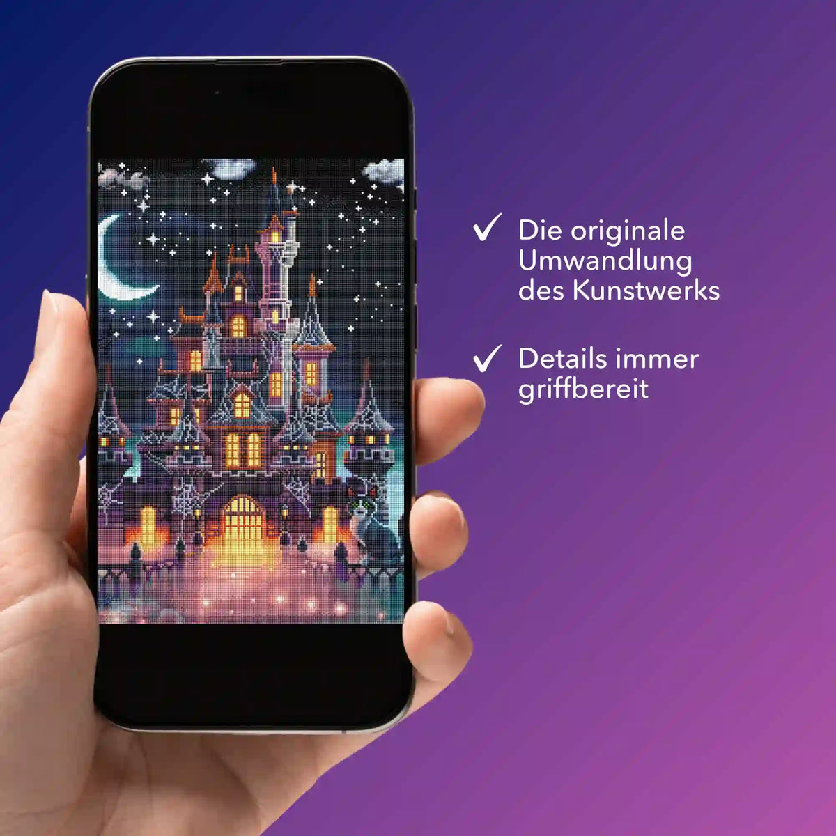 Digitale Diamond Painting Vorlage als Nachtschloss auf Smartphone für dein nächstes Diamanten Painting Projekt von Picmondoo