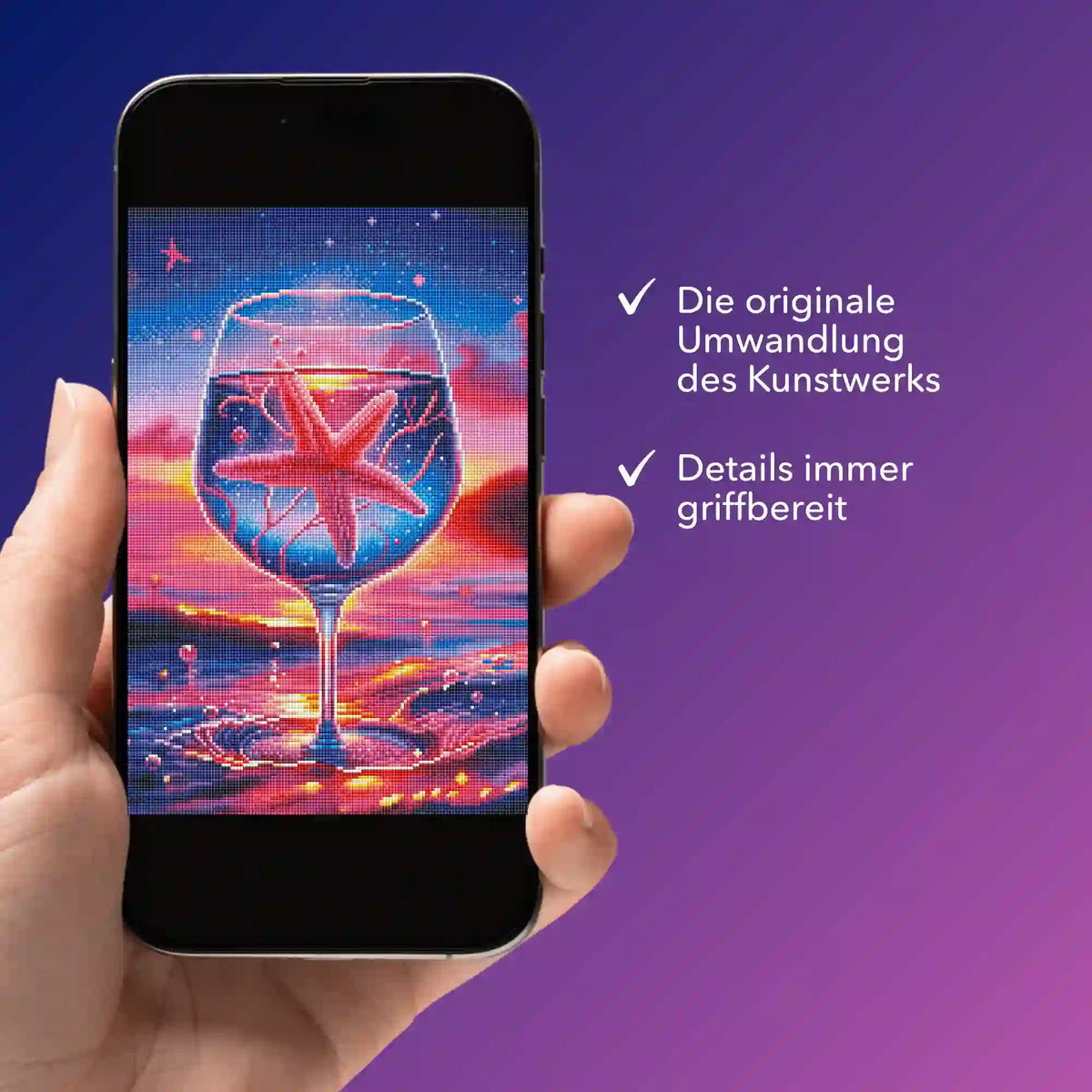 Digitale Diamond Painting Bildmappe mit Seesternzauber Motiv als PDF auf einem Smartphone zur mobilen Projektansicht.