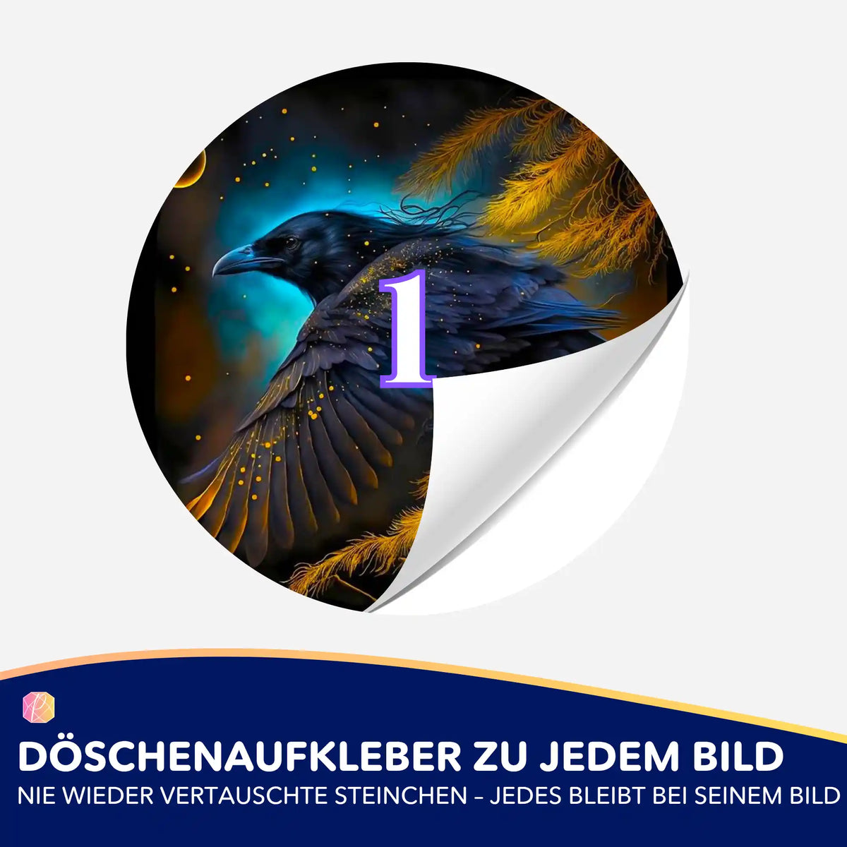 Runder Döschenaufkleber mit Hexenrabe-Motiv zur Sortierung von Steinchen für dein Diamond Painting Projekt.