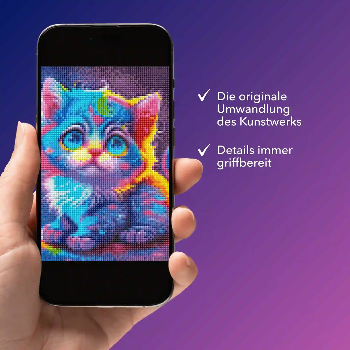 Digitale Diamond Painting Bildmappe mit buntem Rainbow Kitty Motiv auf dem Smartphone für kreative DIY-Projekte.