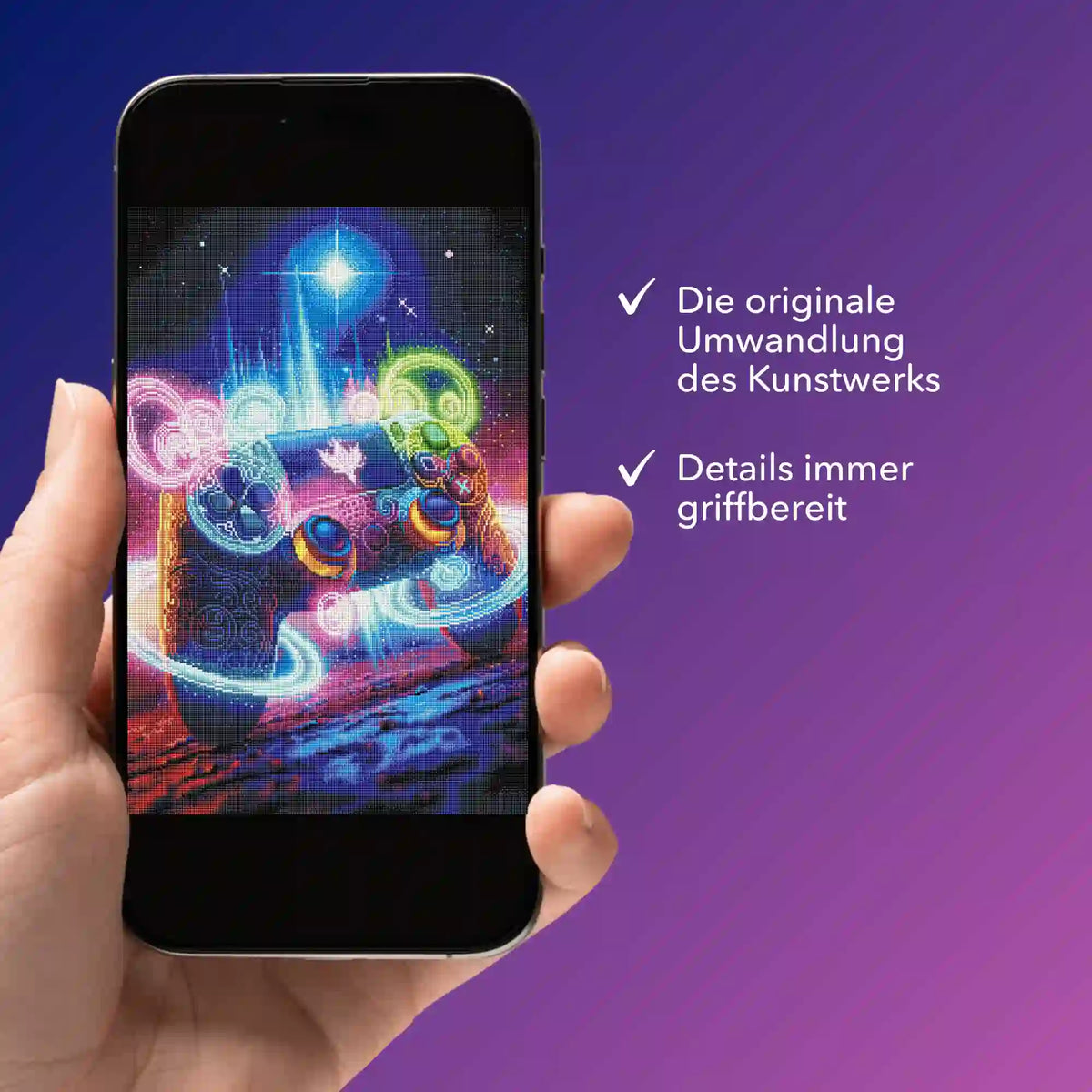 Digitale Diamond Painting Vorlage als Gamer Universum Motiv auf einem Smartphone zur Ansicht der Details