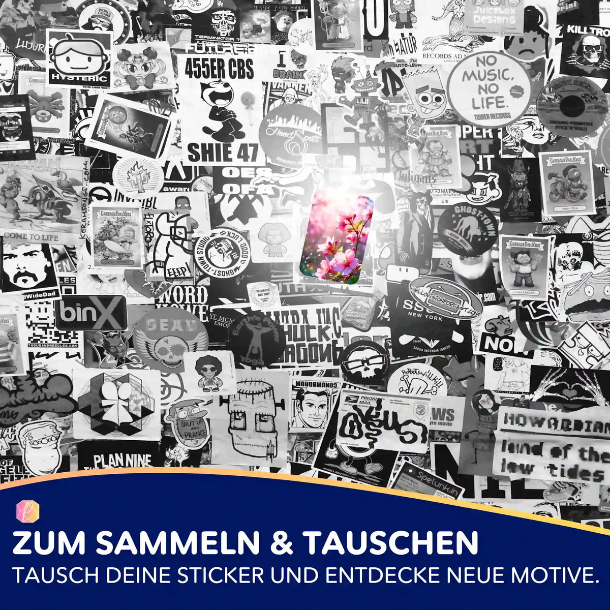 Zarte Kirschblüten Sticker für Diamond Painting und Bastelsets als farbiges Highlight auf einer schwarz-weißen Stickertapete