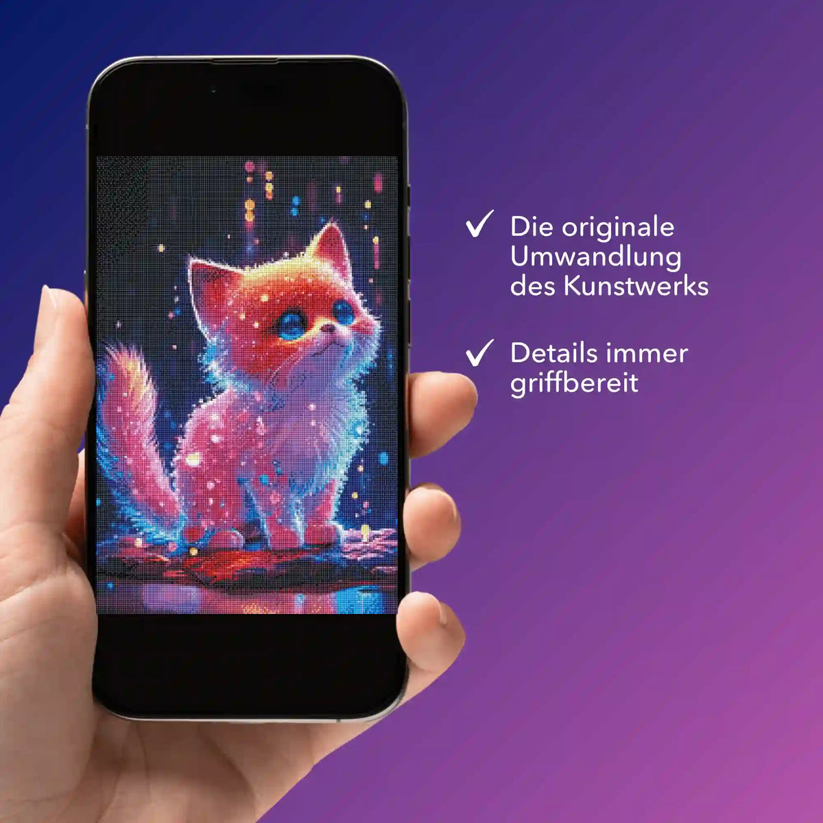 Digitale Diamond Painting Vorlage Zuckerkätzchen als PDF-Bildmappe auf Smartphone für dein DIY-Kunstwerk.