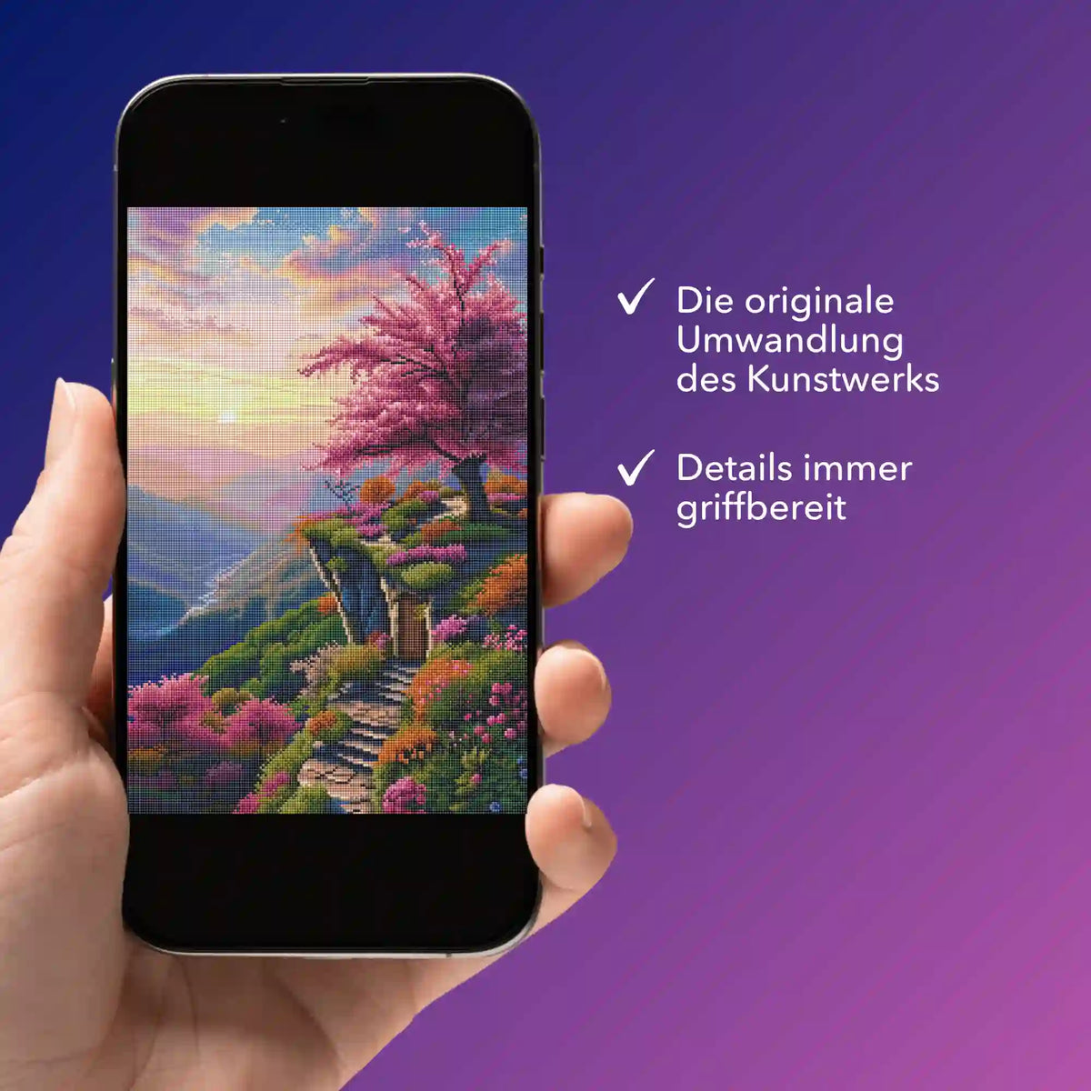Digitale Diamond Painting Bildmappe als PDF auf Smartphone mit Motiv Morgendämmerung und blühendem Kirschbaum