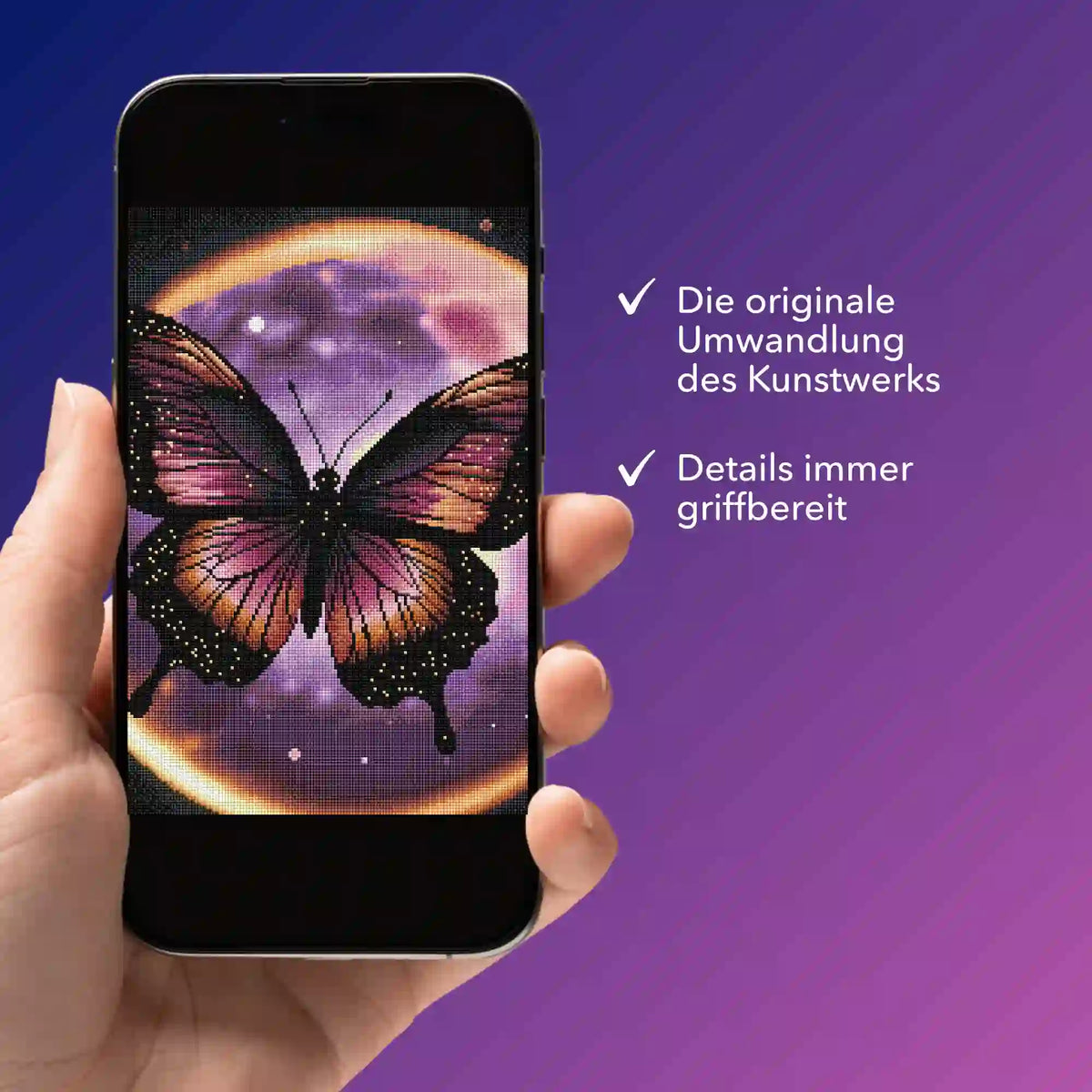 Digitale Diamond Painting Bildmappe Purple Moon als PDF auf Smartphone für dein nächstes Diamanten Painting Projekt.