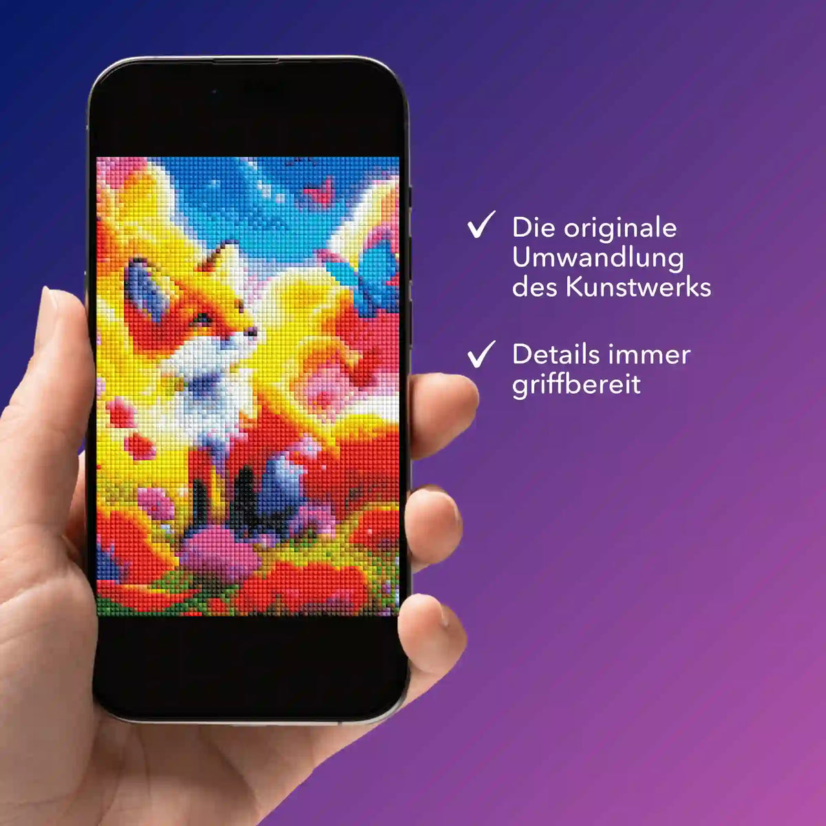 Digitale Diamond Painting Vorlage Fuchs im Zauberland als PDF auf Smartphone präsentiert von Picmondoo