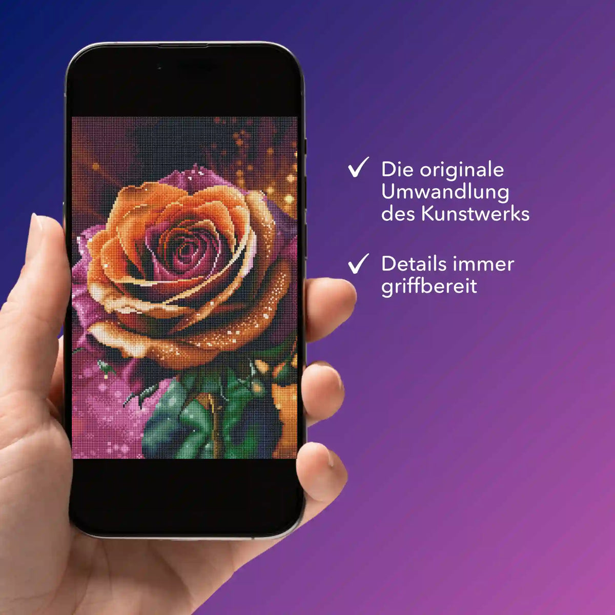 Digitale Bildmappe auf Smartphone mit farbenfrohem Colorful Rose Diamond Painting Motiv für DIY-Fans