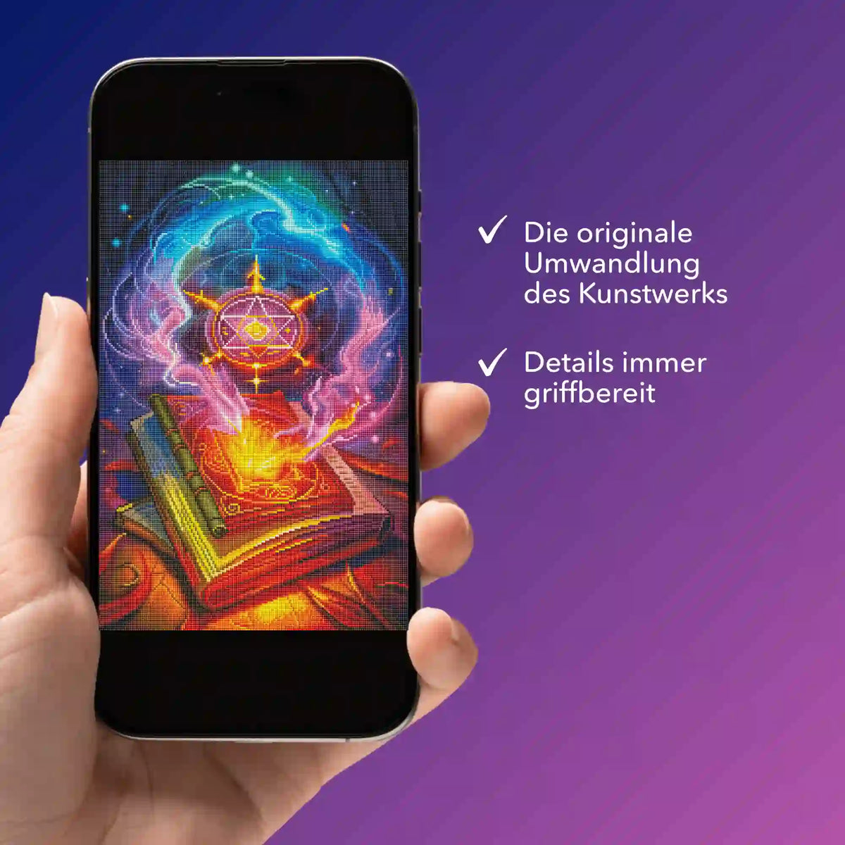 Smartphone mit digitalem Hexenkünste Diamond Painting Design für kreative DIY-Projekte und optimale Übersicht.