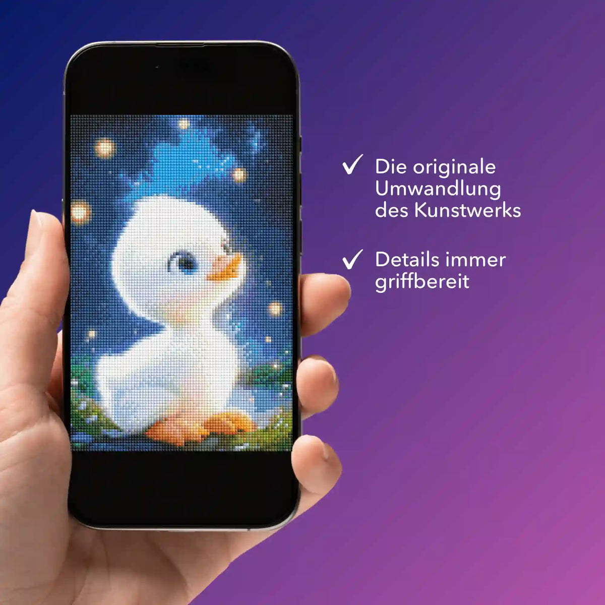 Digitale Bildmappe als Diamond Painting Vorlage mit süßem Enten-Motiv auf dem Smartphone für kreative Bastelfreunde.