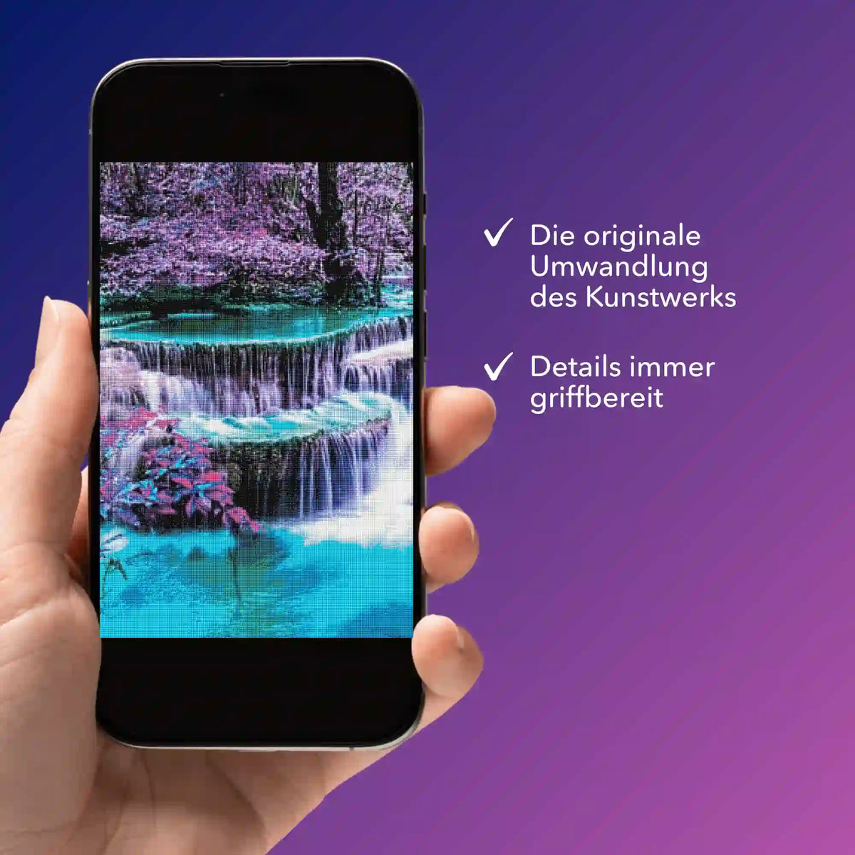 Digitale Diamond Painting Vorlage mit Wasserfall-Motiv auf einem Smartphone, inklusive Infos zur Bildmappe von Picmondoo.