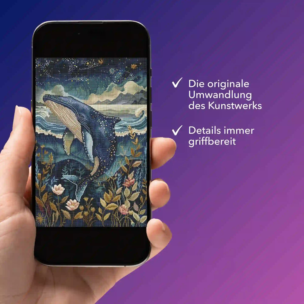 Digitale Diamond Painting Vorlage mit Wal-Motiv Meeresträume auf einem Smartphone für kreative DIY-Projekte