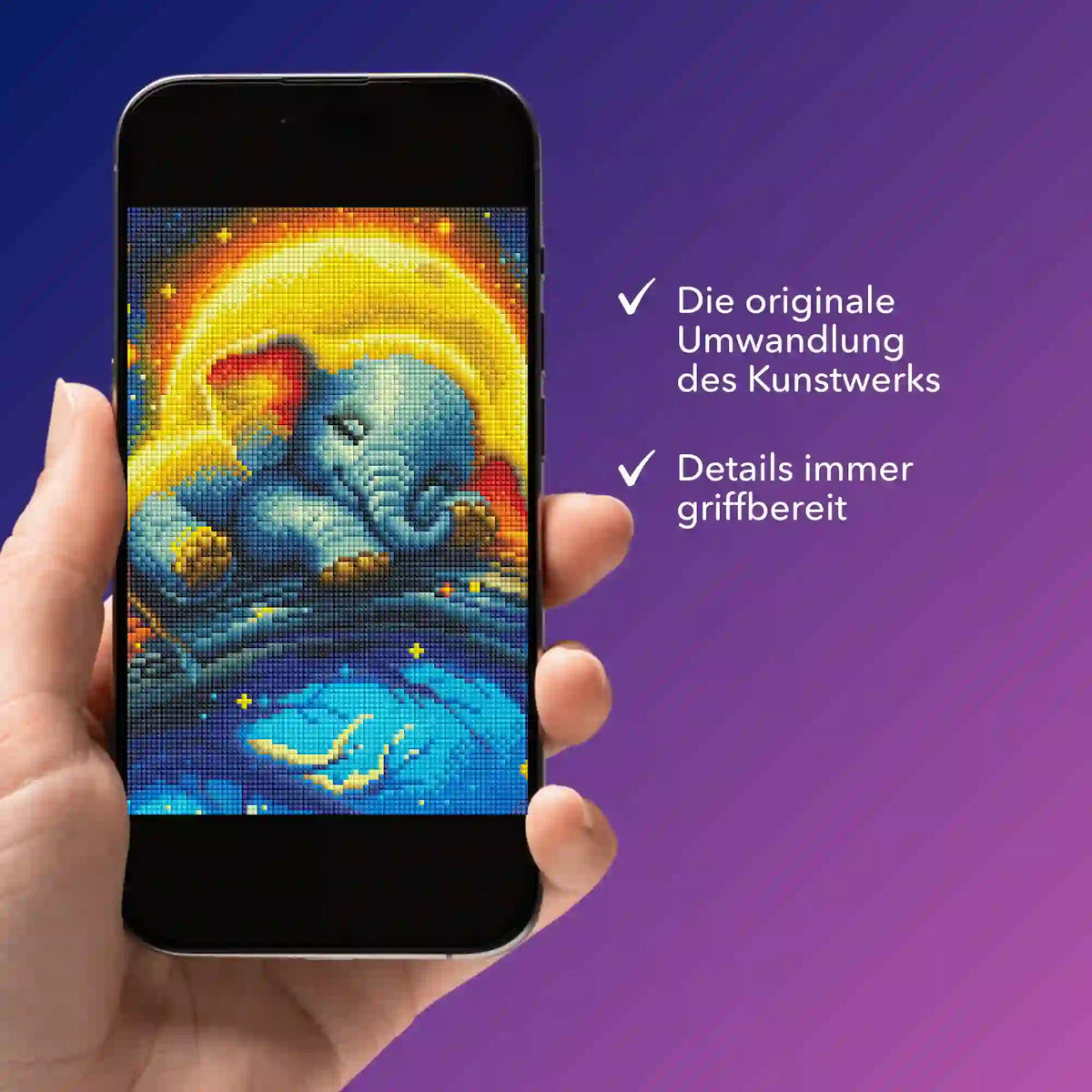 Digitale Bildmappe auf Smartphone mit Diamond Painting Motiv Mondschein Elefant für kreative DIY-Projekte.