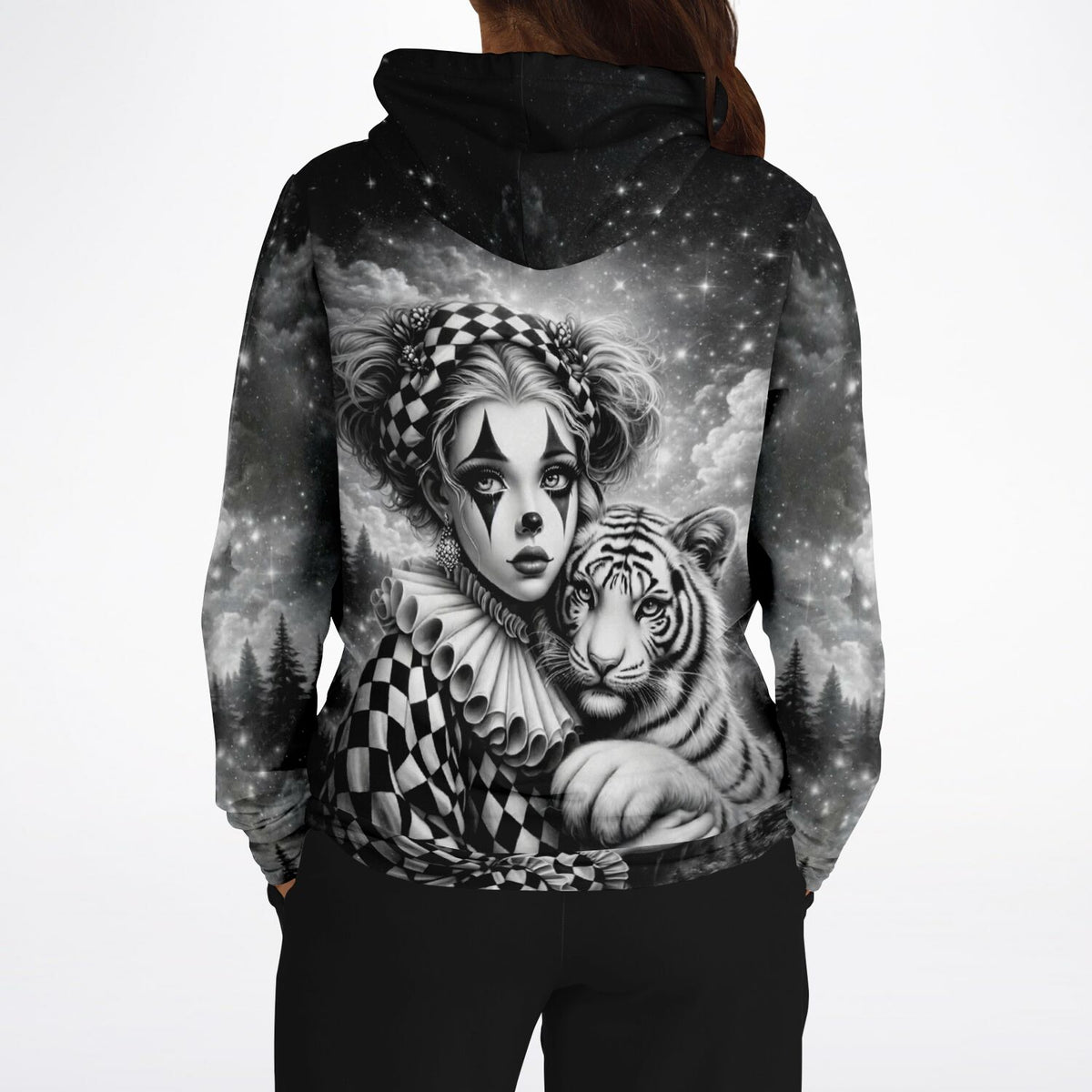 Dreamer Hoodie mit Maskerade-Motiv: Clown-Mädchen und Tiger im Malen nach Zahlen Design in Schwarz-Weiß