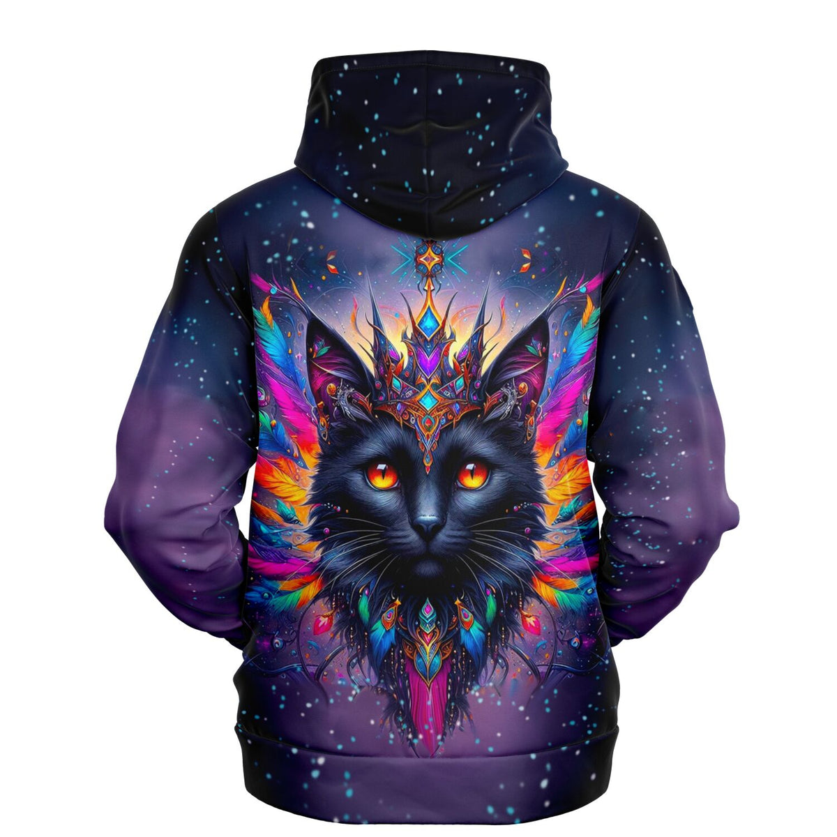 Hoodie Rückseite mit Mystic Colorsplash Cat Motiv im Stil von Diamond Painting Künsten in bunten Farben und Sternenhimmel