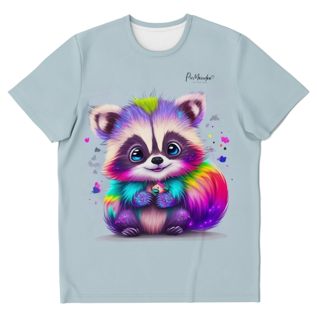 Hellblaues T-Shirt mit farbenfrohem Waschbär im Diamond Painting Motiv-Stil für Fans von Malen nach Zahlen und DIY