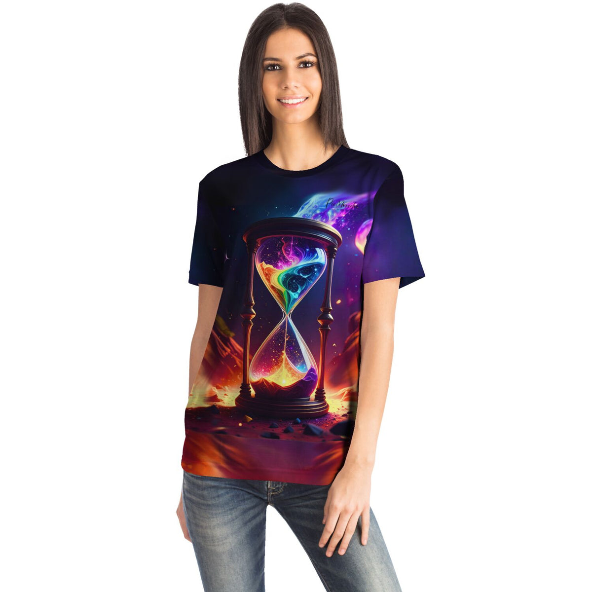 Dreamer T-Shirt Atem der Schöpfung mit kosmischem Sanduhr-Motiv in leuchtenden Farben für Kunst- und DIY-Fans