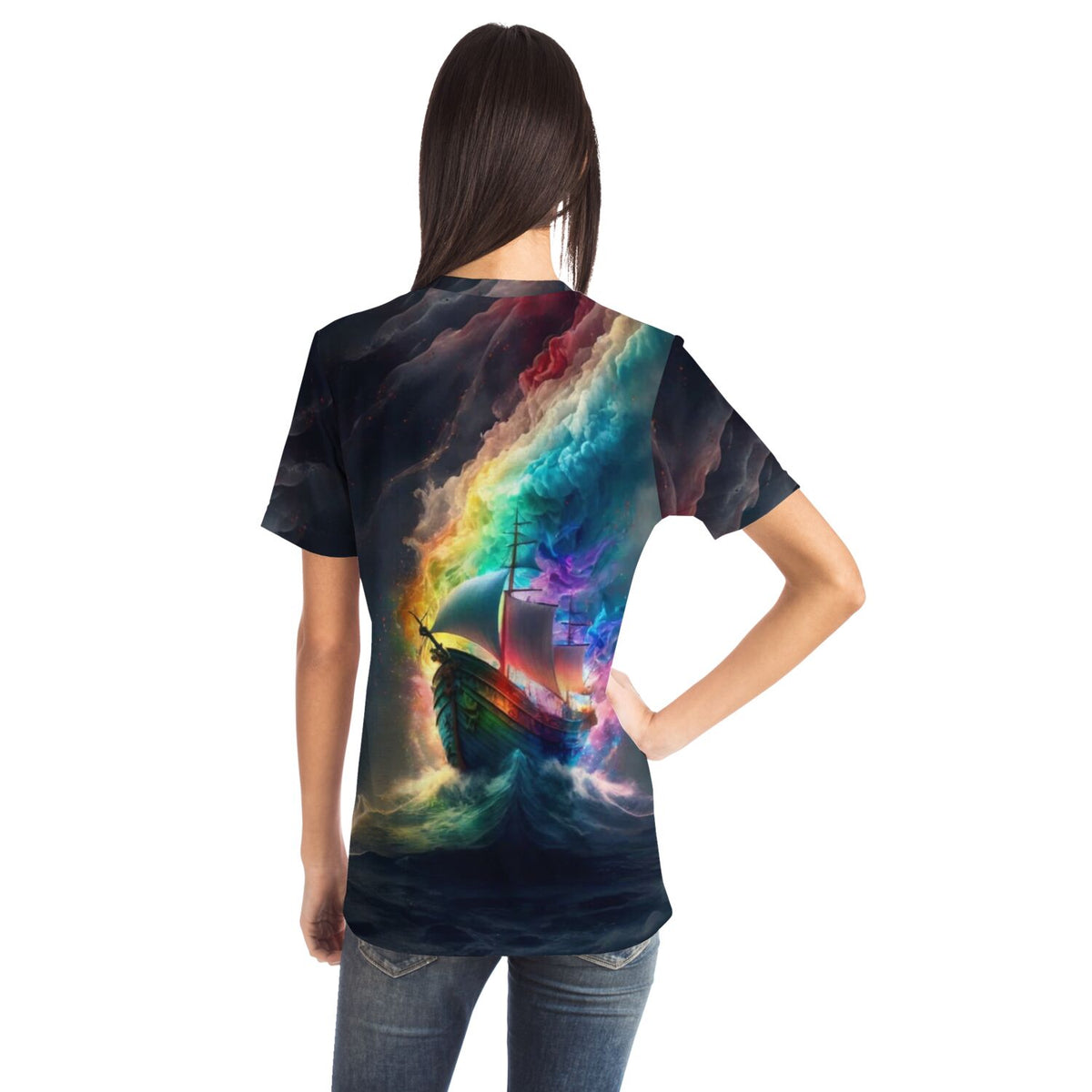 T-Shirt mit buntem Schiff-Motiv, das an faszinierende Diamond Painting Kunst und kreative Malen nach Zahlen Designs erinnert