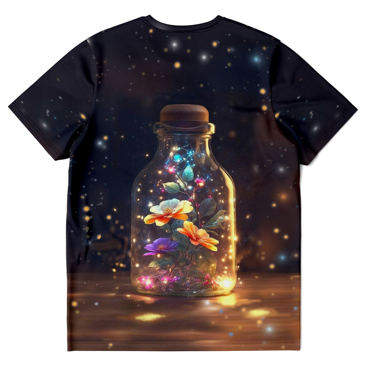 Schwarzes T-Shirt mit Leuchtender Blütenzauber Motiv, inspiriert durch Diamond Painting Kunst und kreative DIY-Designmotive.