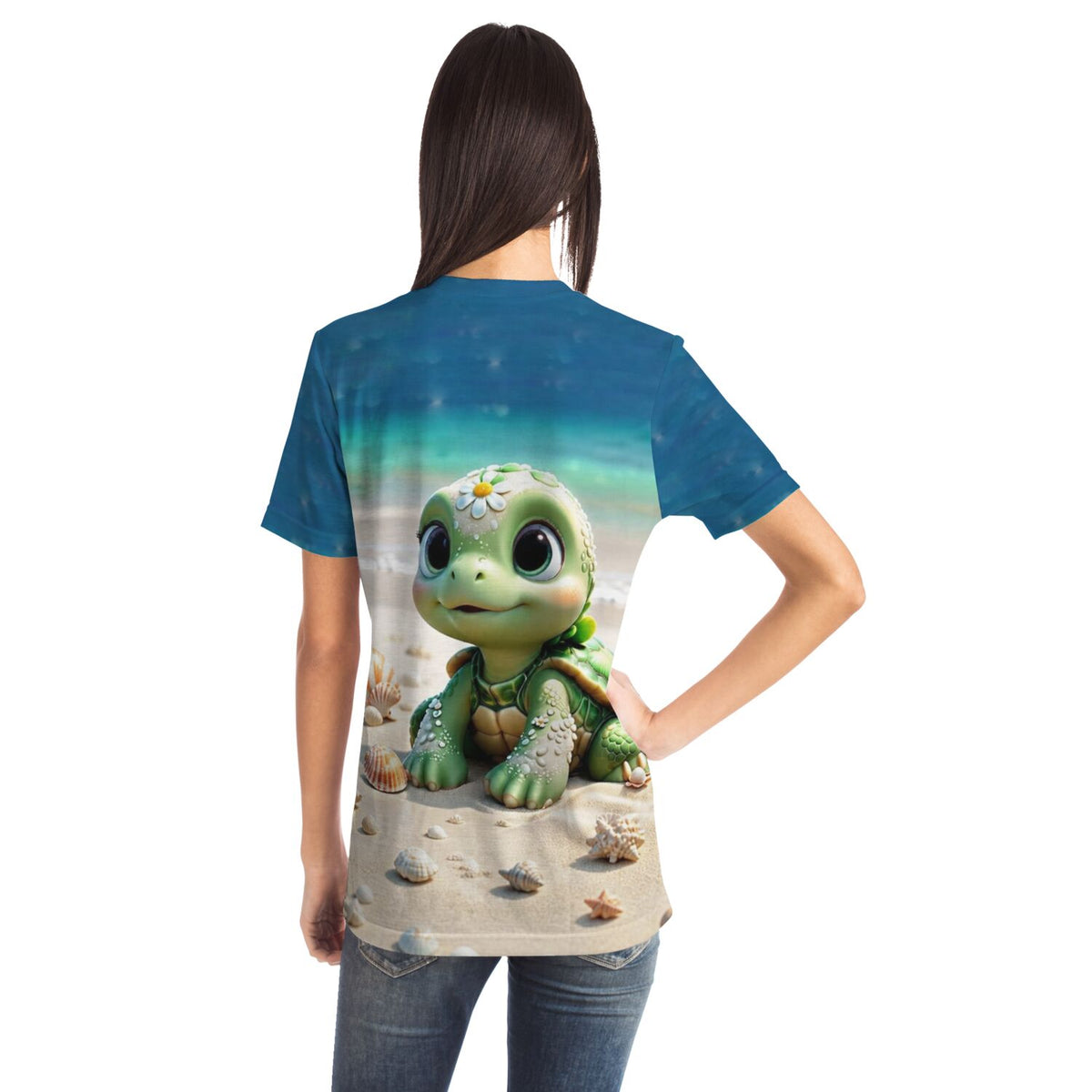 T-Shirt mit süßer Sunny Schildi Schildkröte am Strand, inspiriert von Diamond Painting und Malen nach Zahlen Motiven