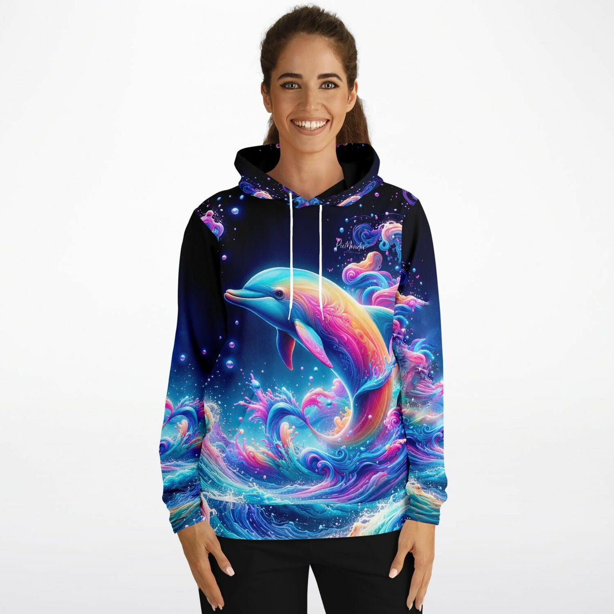 Frau trägt Hoodie mit buntem Delfin-Motiv im Stil von Diamond Painting und Malen nach Zahlen Kunstwerken