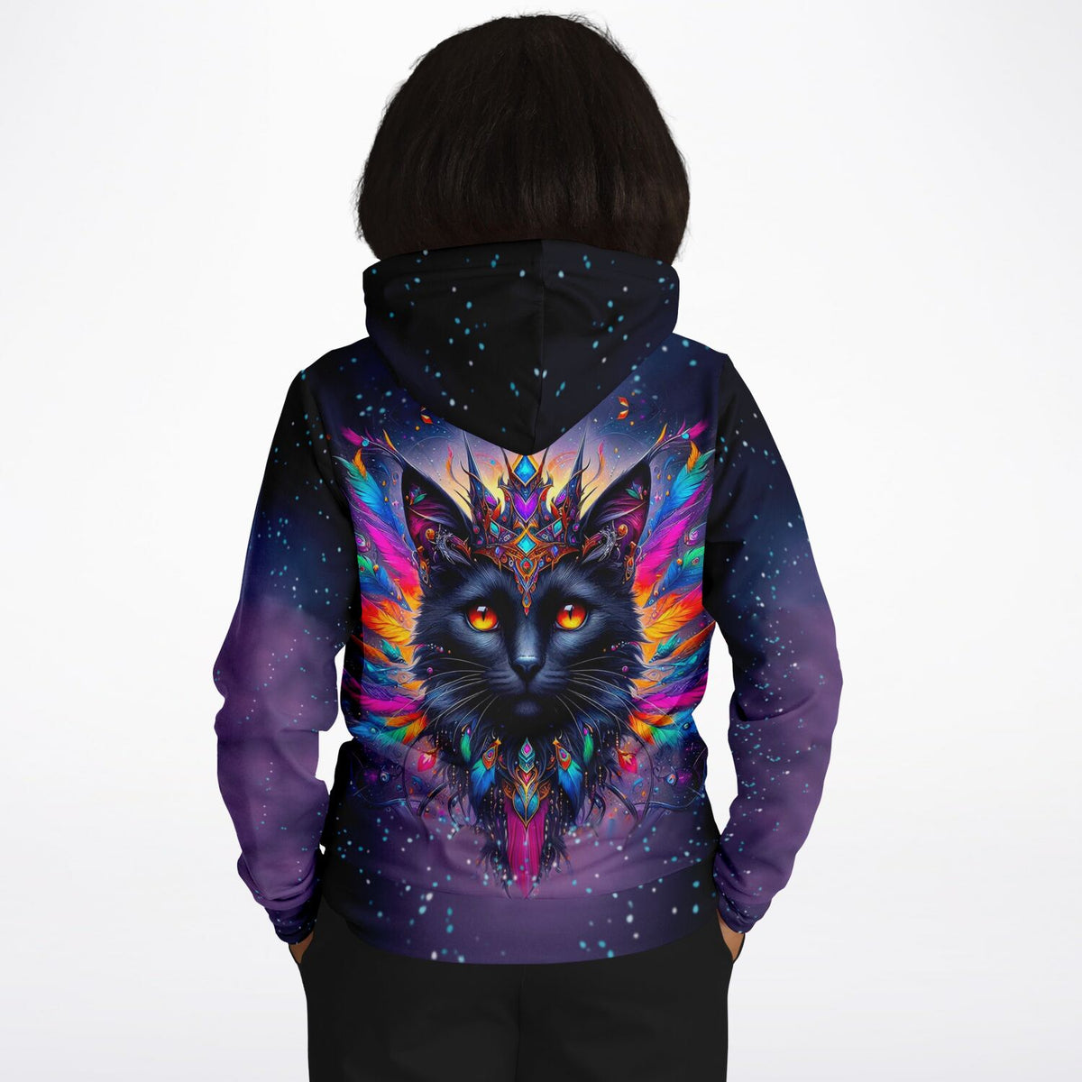 Hoodie mit mystischem Katzen-Motiv in bunten Colorsplash-Farben und Sternenhimmel-Design im Stil von Diamond Painting Kunst
