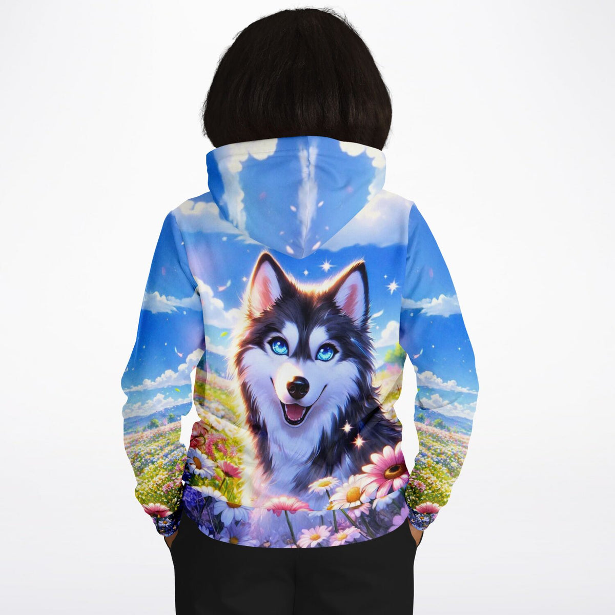Dreamer Hoodie mit Husky-Motiv in Blumenwiese, passend zu Diamond Painting und Malen nach Zahlen für Erwachsene
