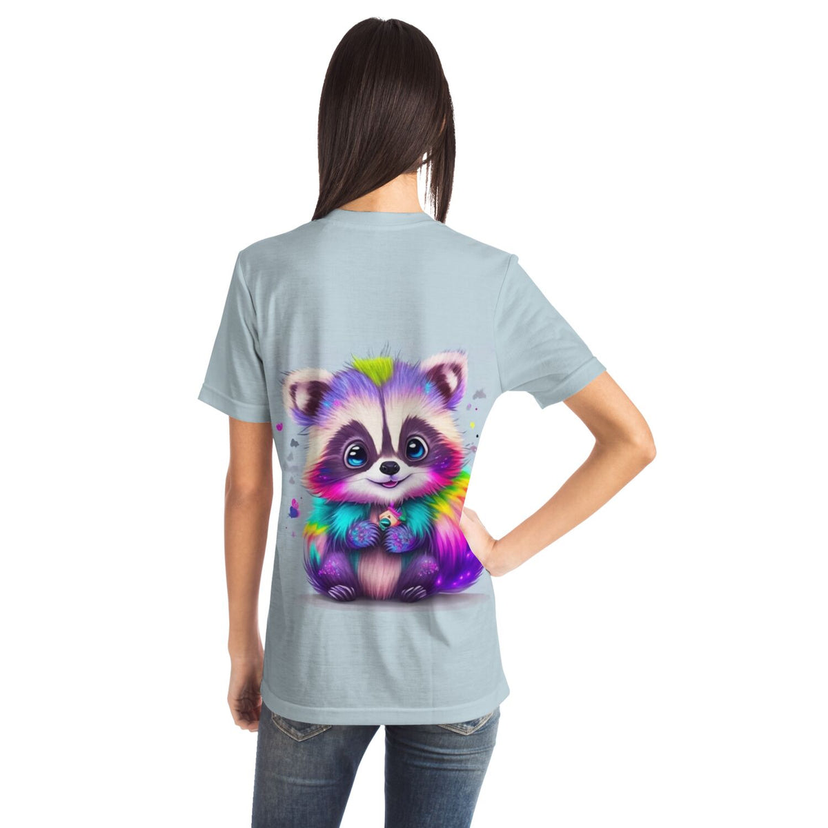 Hellblaues T-Shirt mit buntem Waschbär-Motiv im Diamond Painting Stil, perfekt für Fans von Malen nach Zahlen Designs.