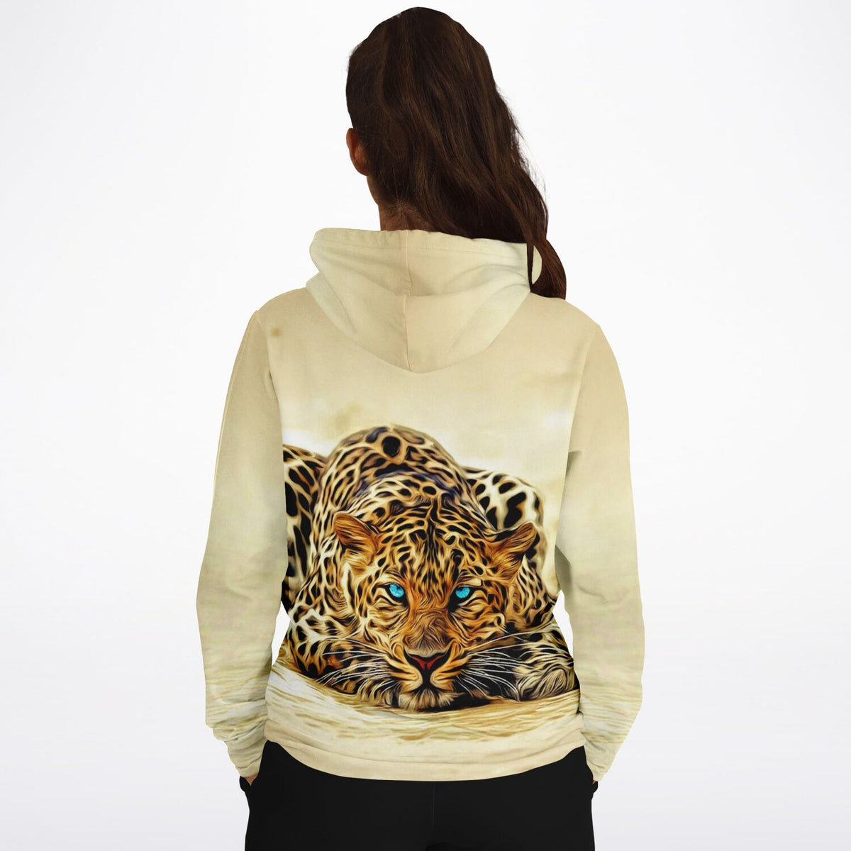 Hoodie mit Leoparden-Motiv und leuchtend blauen Augen, ähnlich einem Diamond Painting Design für Erwachsene