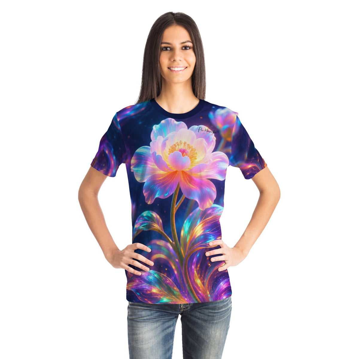Frau trägt Dreamer T-Shirt mit leuchtendem Blumenmotiv im Stil von Diamond Painting und Malen nach Zahlen Kunstwerken