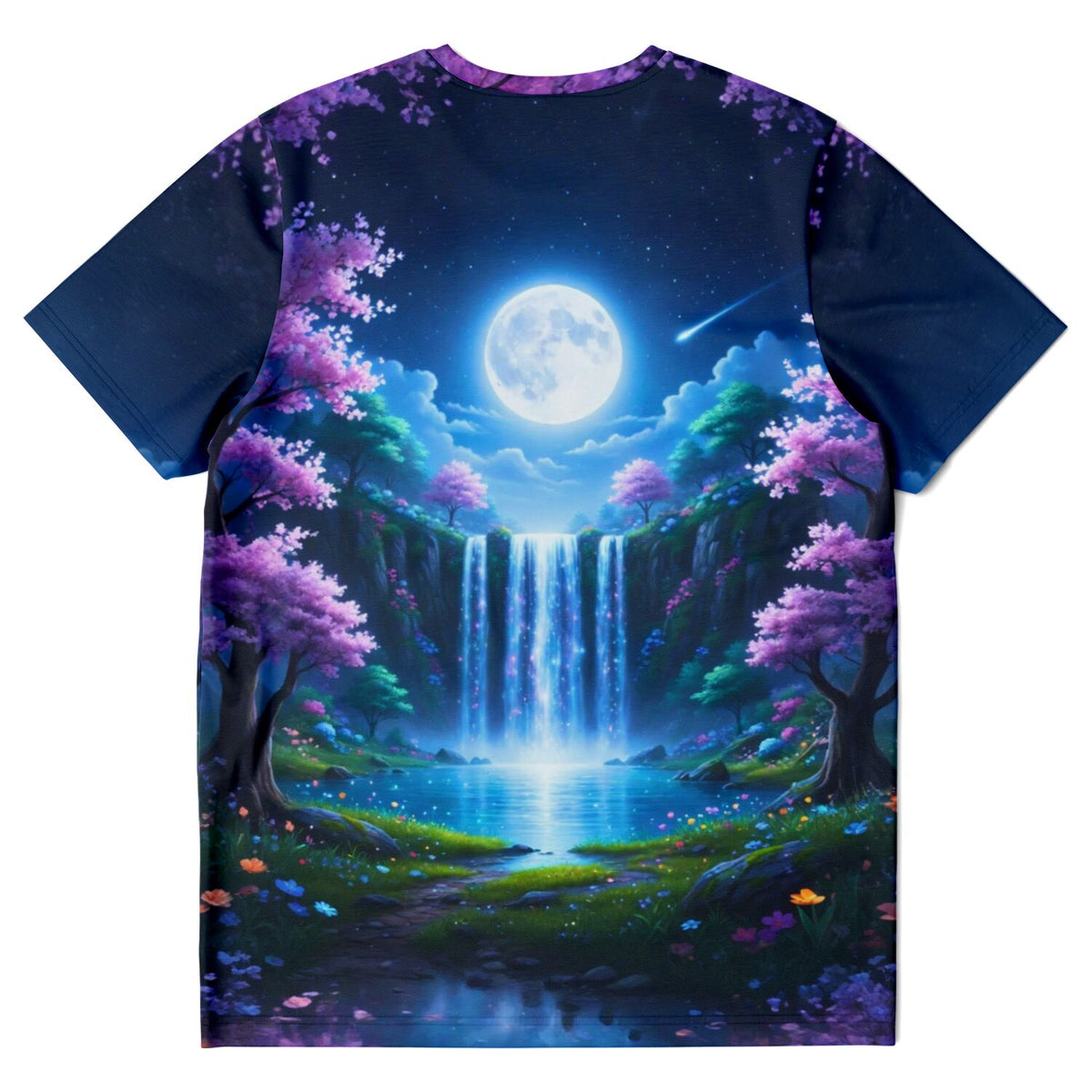 T-Shirt Tal der flüsternden Wasser mit Vollprint von Wasserfall, Mondschein und blühenden Bäumen im Kunststil