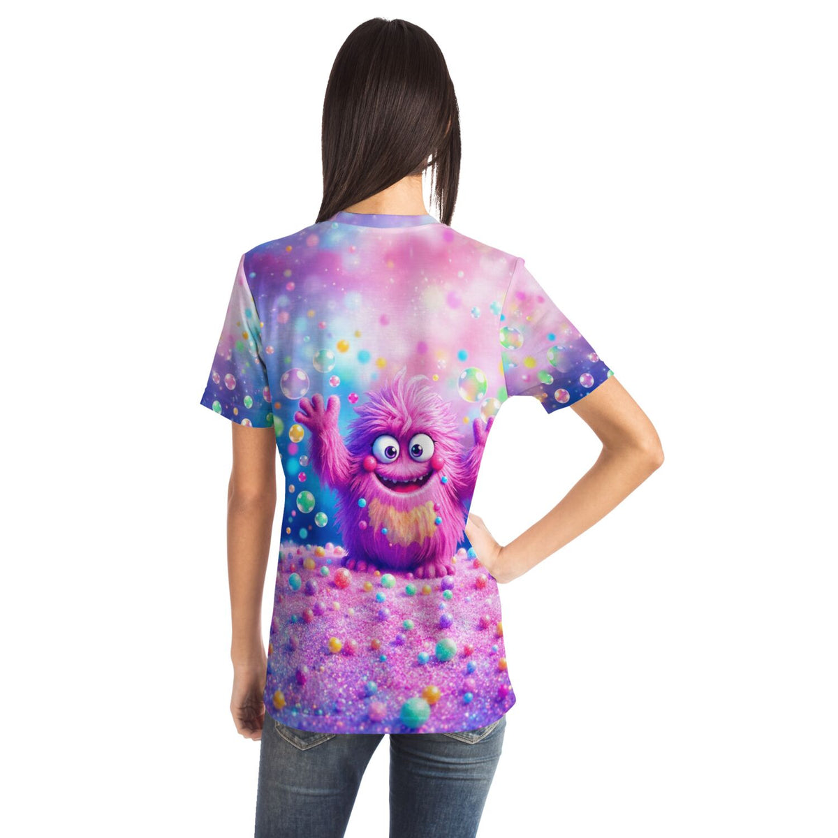 Dreamer T-Shirt mit flauschigem pinken Monster im Diamond Painting Stil und bunten Glitzer-Blasen