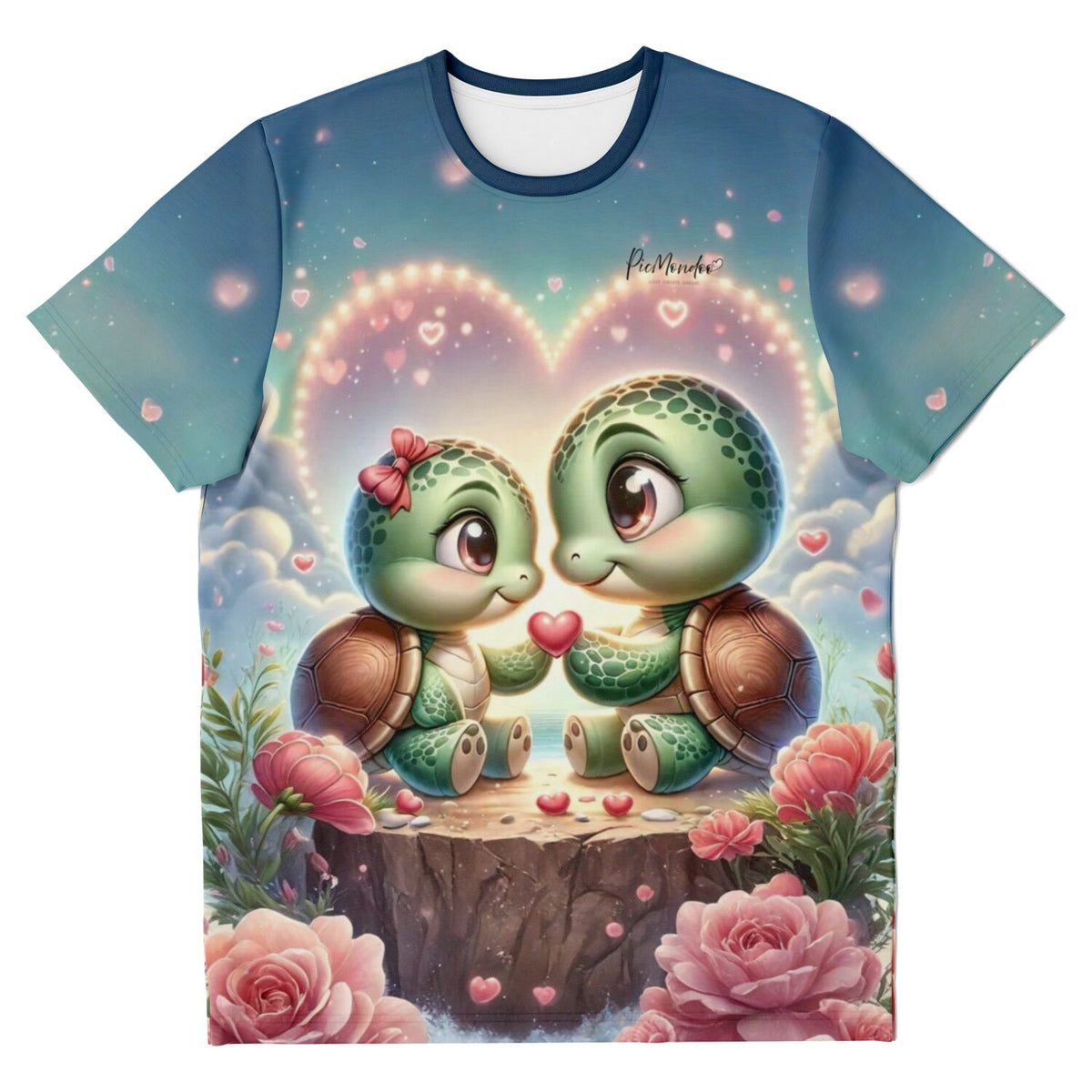 T-Shirt mit zwei verliebten Schildkröten, Herz-Motiv und Blumen, inspiriert von Diamond Painting und Malen nach Zahlen Stil