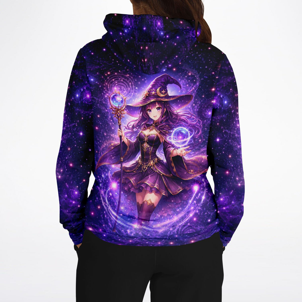 Dreamer Hoodie Celestara mit violettem Weltraum-Design und magischer Anime-Hexe, ideal für Fans von Diamond Painting