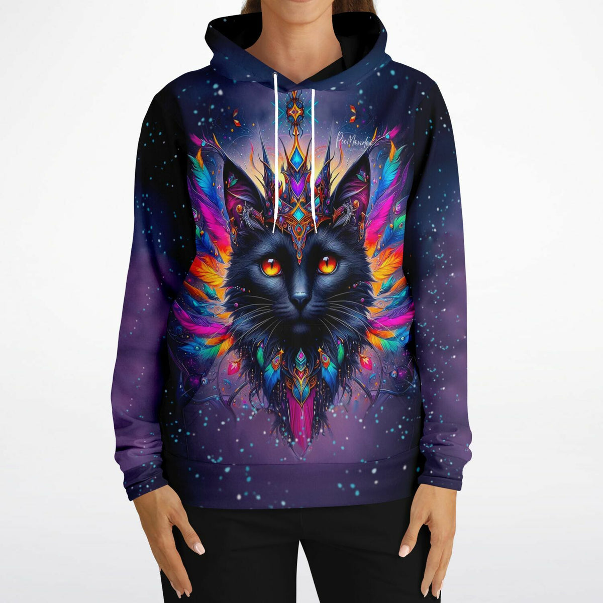 Hoodie mit Mystic Colorsplash Cat Motiv im Diamond Painting Look, farbenfrohe Katze mit magischen Details und Sterne