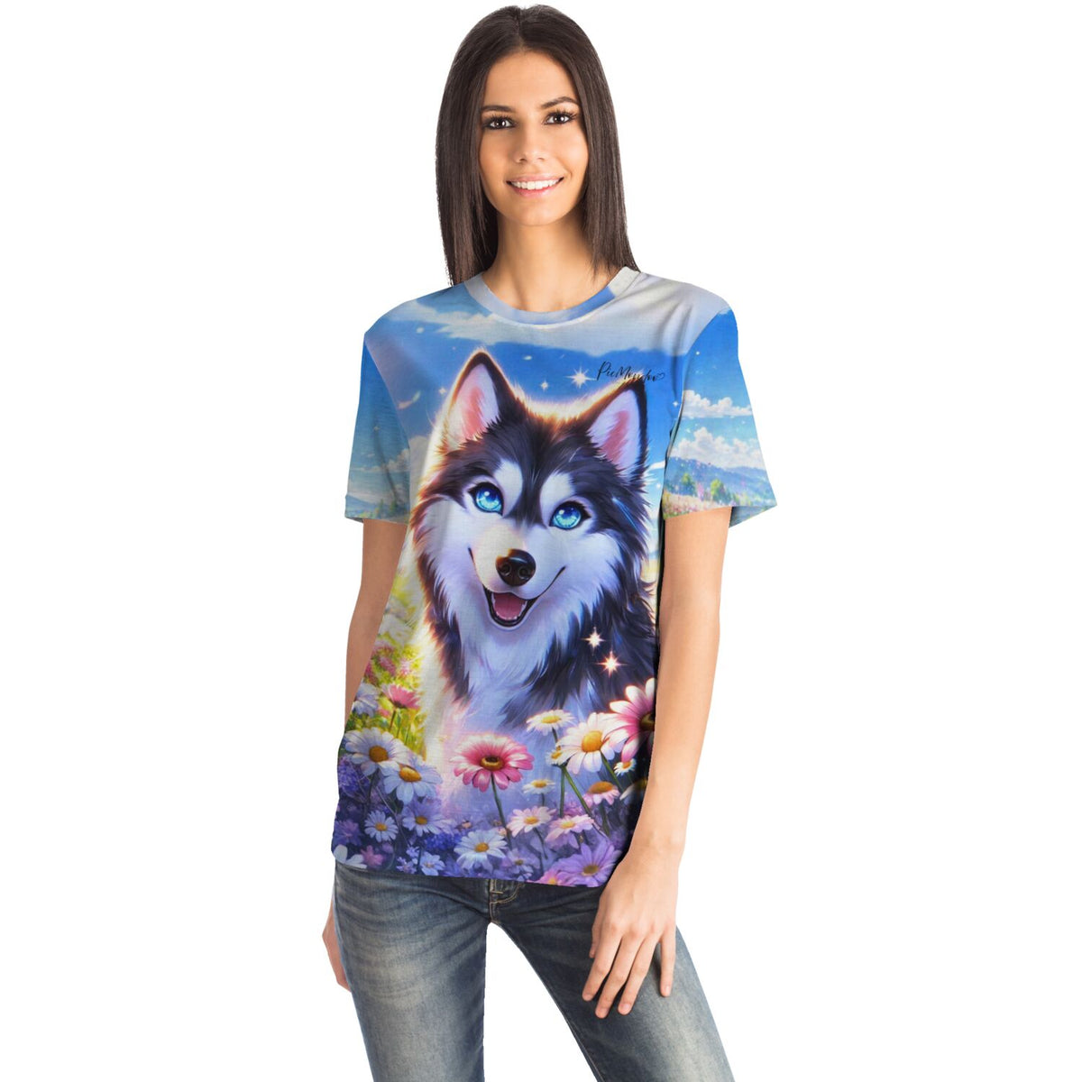 Frau trägt Dreamer T-Shirt mit Husky-Motiv im Stil von Diamond Painting und Malen nach Zahlen Kunstwerken