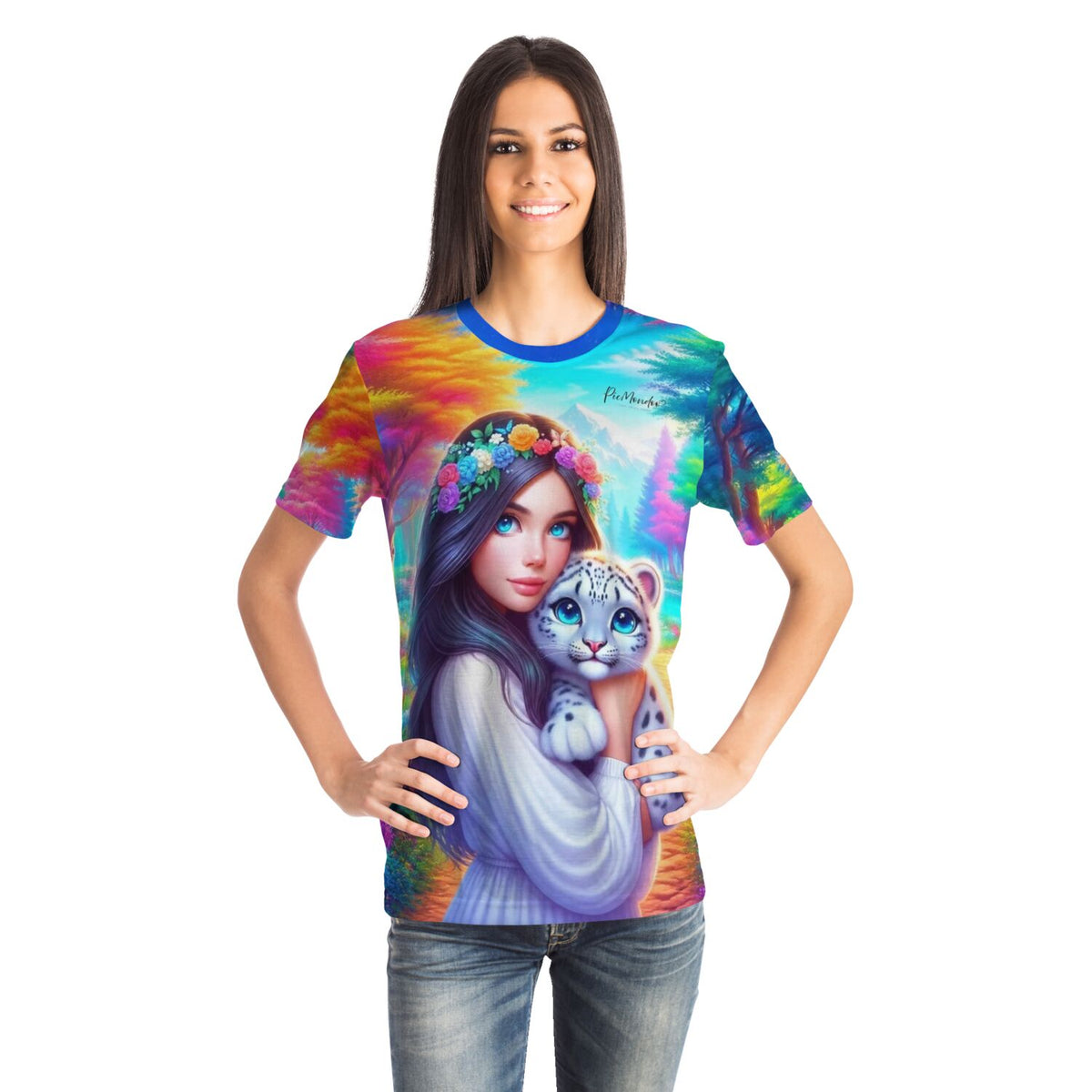 Frau trägt Dreamer T-Shirt mit buntem Amiras Paradies Motiv, passend zu Diamond Painting und Malen nach Zahlen Designs.
