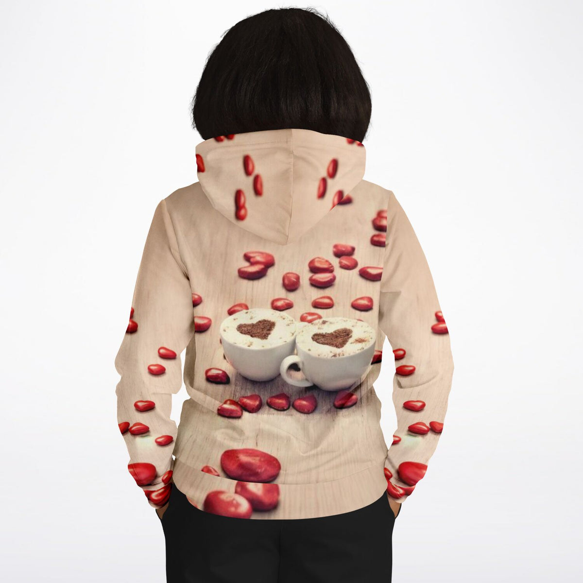 Dreamer Hoodie Kaffeeliebe mit Herz-Deko – bequemer Kapuzenpullover im All-over-Print Design für Kaffeeliebhaber